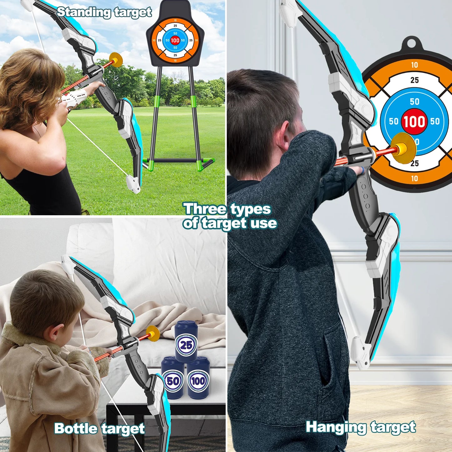 LED Bow and Arrow for Kids Light up Archery Toy Set with 10 Suction Cup Arrows 3 Target & Quiver Indoor Outdoor Garden Toys for Boys and Girls Blue