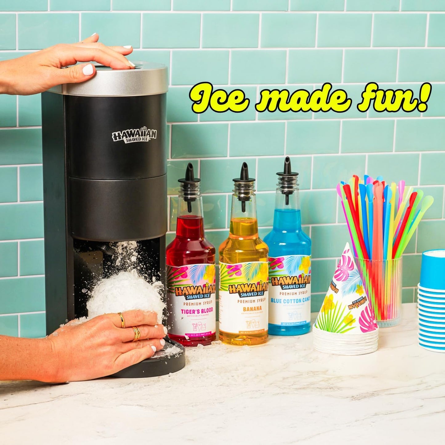 Hawaiian Shaved Ice Homepro Shaved Ice Machine Kit, 3-16Oz. Syrup Flavors Cherry, Grape, Blue Raspberry, 50 Spoon Straws, 3 Black Pour Spouts
