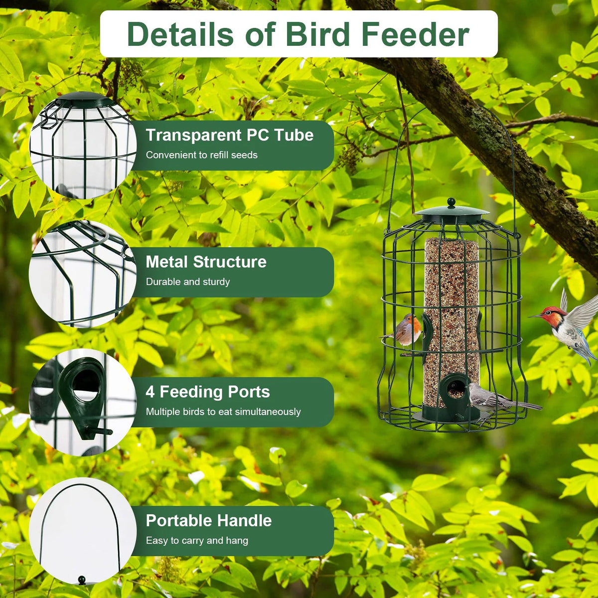 1Pc Outdoor Wild Bird Feeder Squirrel-Proof Chew-Proof Metal Hanging Seed Feeder with 4 Feeding Port for Small Songbirds