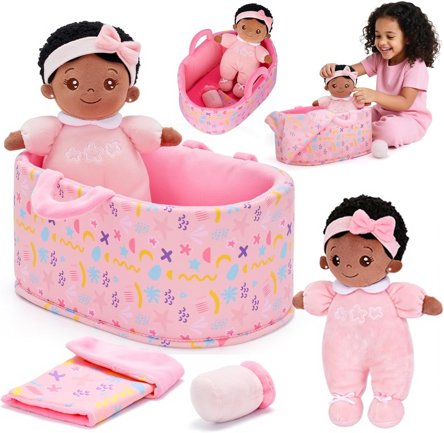 OUOZZZ Baby Doll Accessories with Black Doll, Bassinet, Blanket and Bottle | Interactive Pretend Playset for Social Emotional Learning, Educational Toy for 2 Year Old Girls
