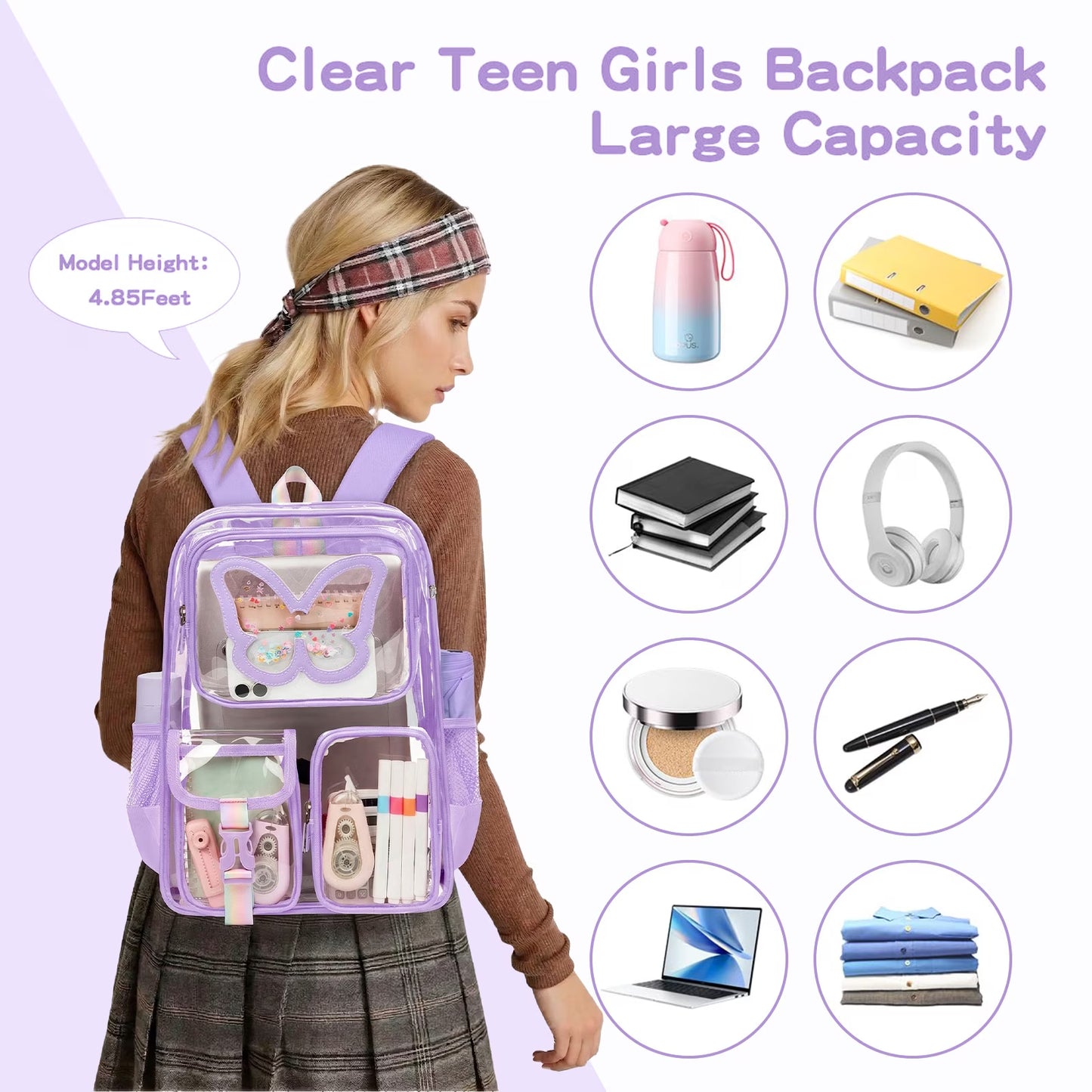 SANMADROLA Clear Backpack Heavy Duty Transparent Bookbag Teen Girlish Cute Bag Large Capacity See through Backpacks Stadium Approved Daypack for Middle School College Sport/Travel, Purple Butterfly