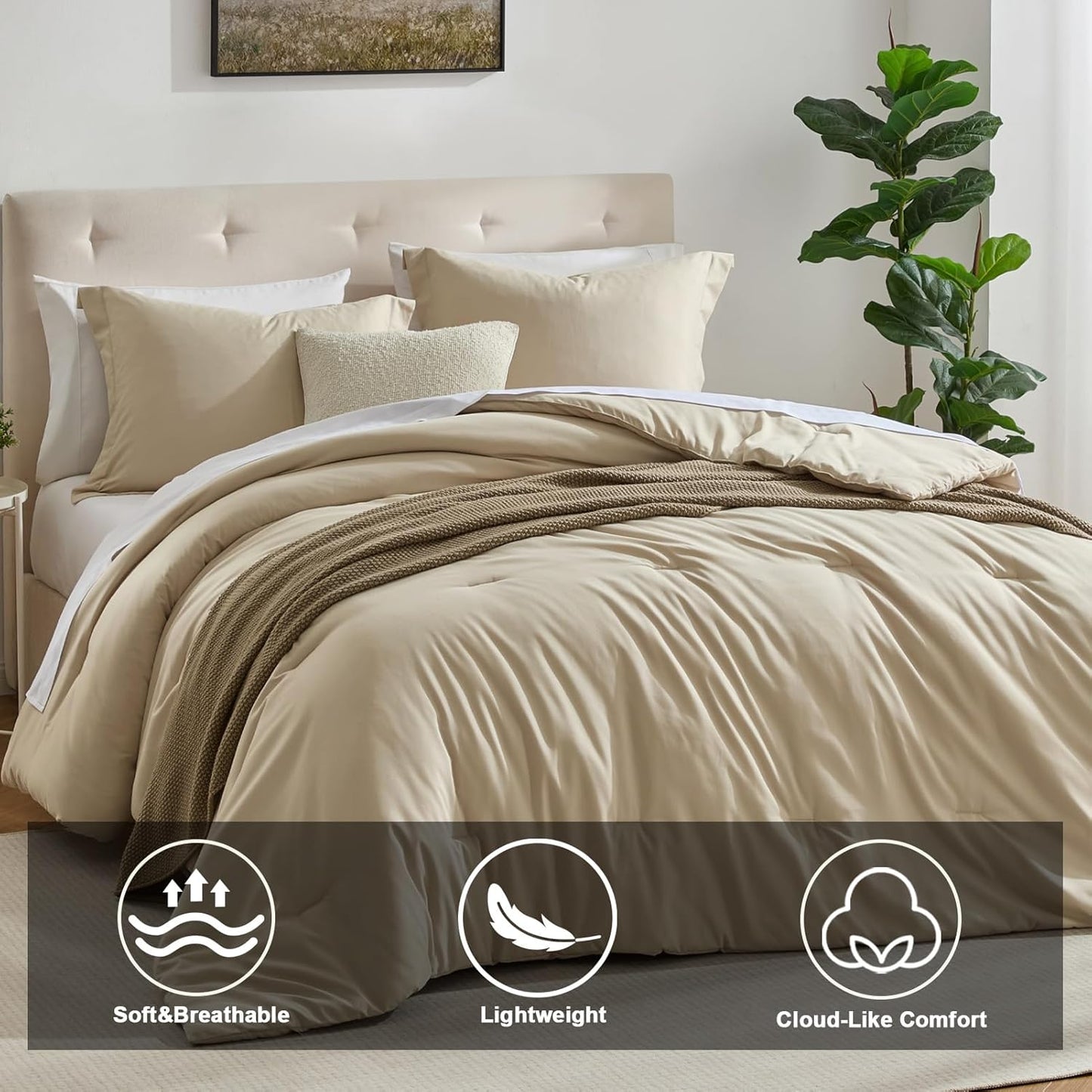 Satisomnia Beige Twin Comforter Set 2 Piece, Lightweight Bed Comforters | No Clumping, Machine Washable, Beige, All-Season Comfort, Soft Breathable, Skin Friendly, Solid, 1 Pillow Sham