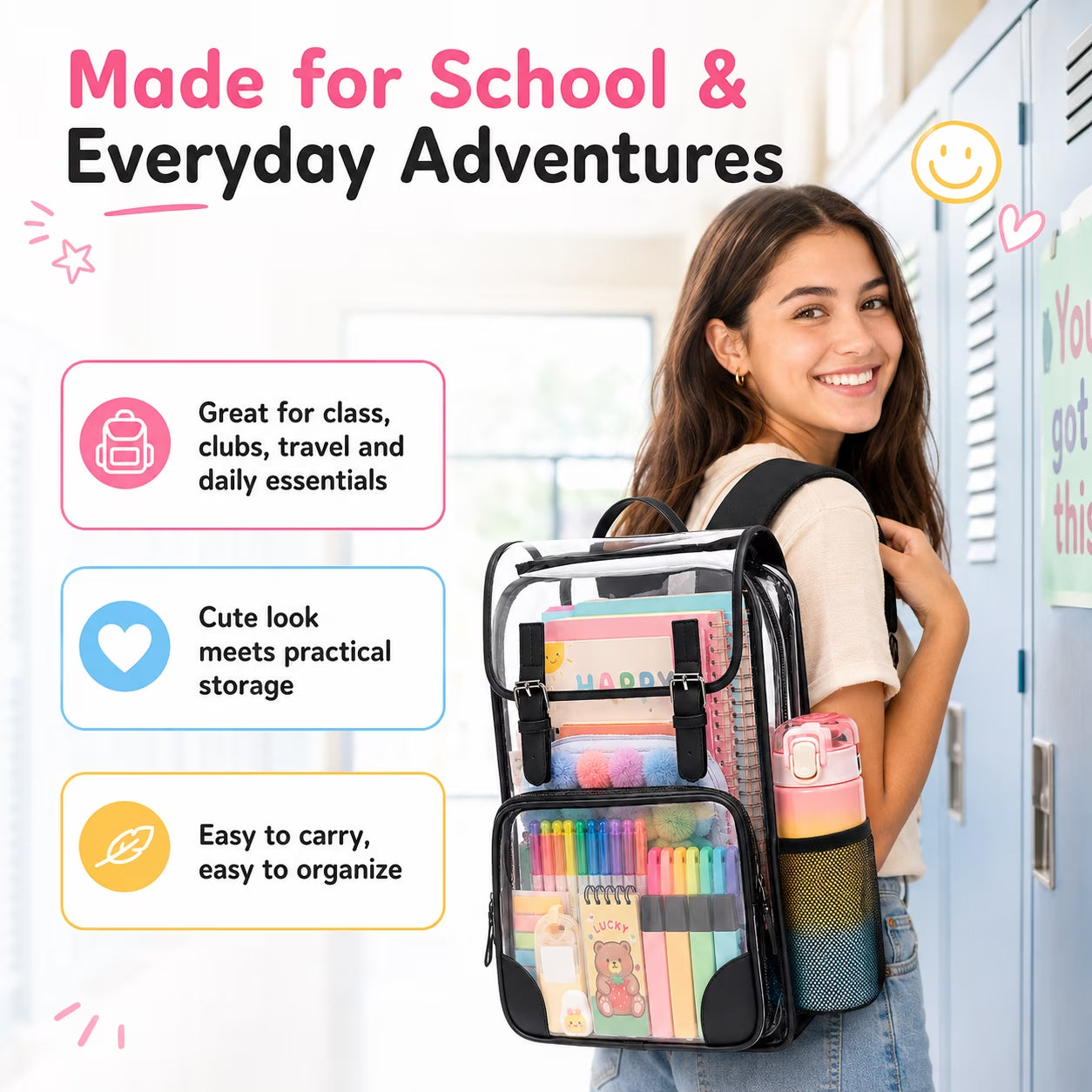 DAKIMOE Clear Backpack for School Stadium Bookbag Transparent Book Bag Large 17''