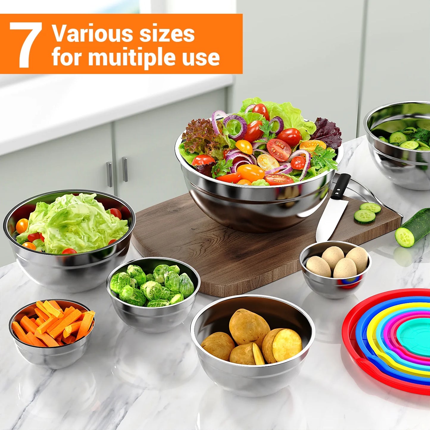 TINANA Mixing Bowls with Lids: 7 Pack Stainless Steel Mixing Bowls Set, Metal Nesting Mixing Bowls for Kitchen, 7/4.5/3.0/2.0/1.5/1.0/0.7QT, Great for Prep, Baking, Serving, Multicolor