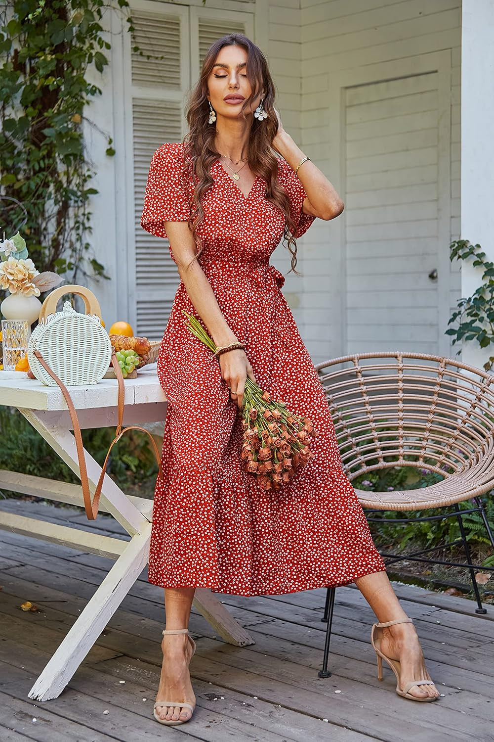 PRETTYGARDEN Women'S Summer Floral Boho Maxi Dress Short Sleeve Wrap V Neck Ruffle Long Flowy Beach Wedding Guest Dresses
