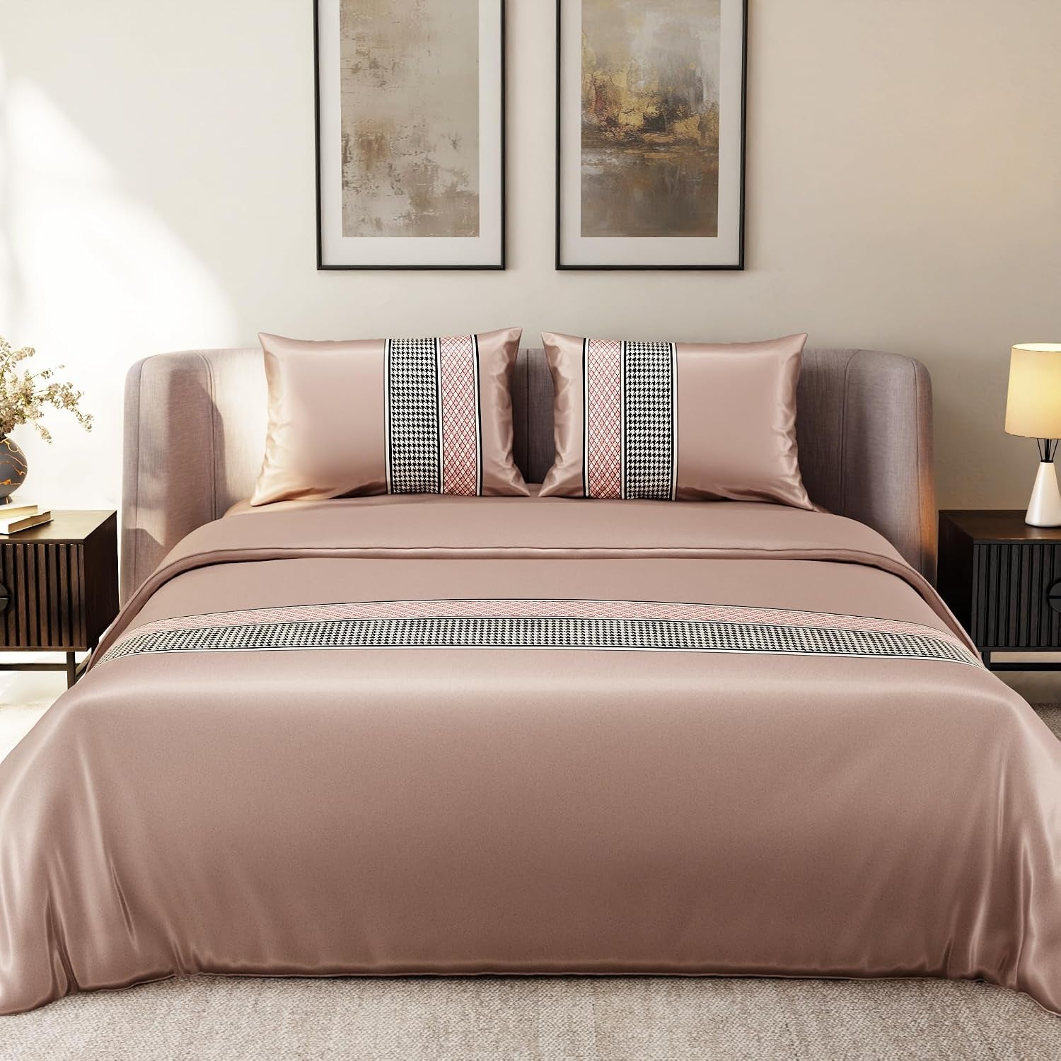Stoa Paris King Duvet Cover Set 3Pcs, 300TC Silk-Like All-Season Luxury Satin Bedding, Skin & Hair Safe, Home Decor, Hidden Zipper + 2 Pillow Shams 20X40”, No Comforter Included, Versailles:Champagne