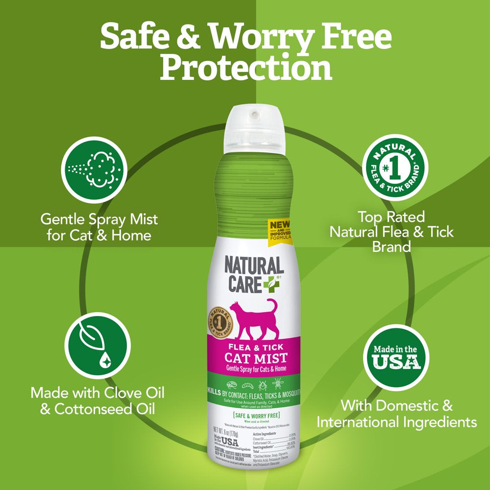 Natural Care Flea & Tick Spray for Cats - Flea & Tick Treatment for Cats - Flea & Tick Killer with Certified Natural Oils - 6 Ounces