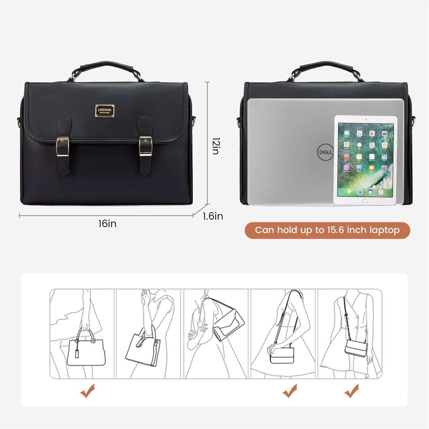LOVEVOOK Computer Bag Laptop Bag for Women Cute PU Laptop Messenger Bag for Work College,Black