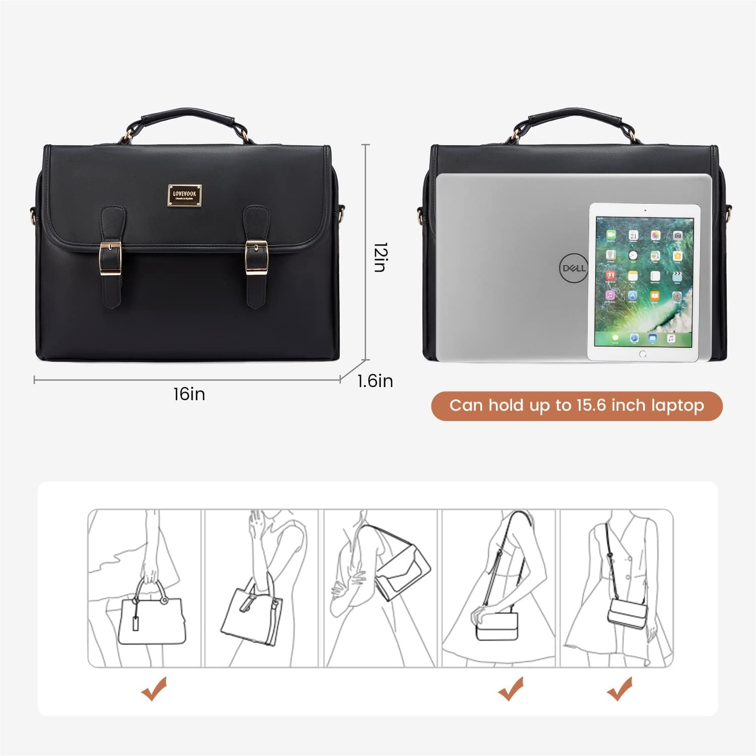 LOVEVOOK Computer Bag Laptop Bag for Women Cute PU Laptop Messenger Bag for Work College,Black
