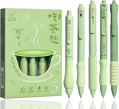LSLSHY Cute Gel Pens 5Pcs Retractable Quick Dry Ink Pens 0.5Mm Fine Point Black Ink Kawaii Smooth Writing Pens for School Office Supplies Aesthetic Pretty Pens (Green Tea)