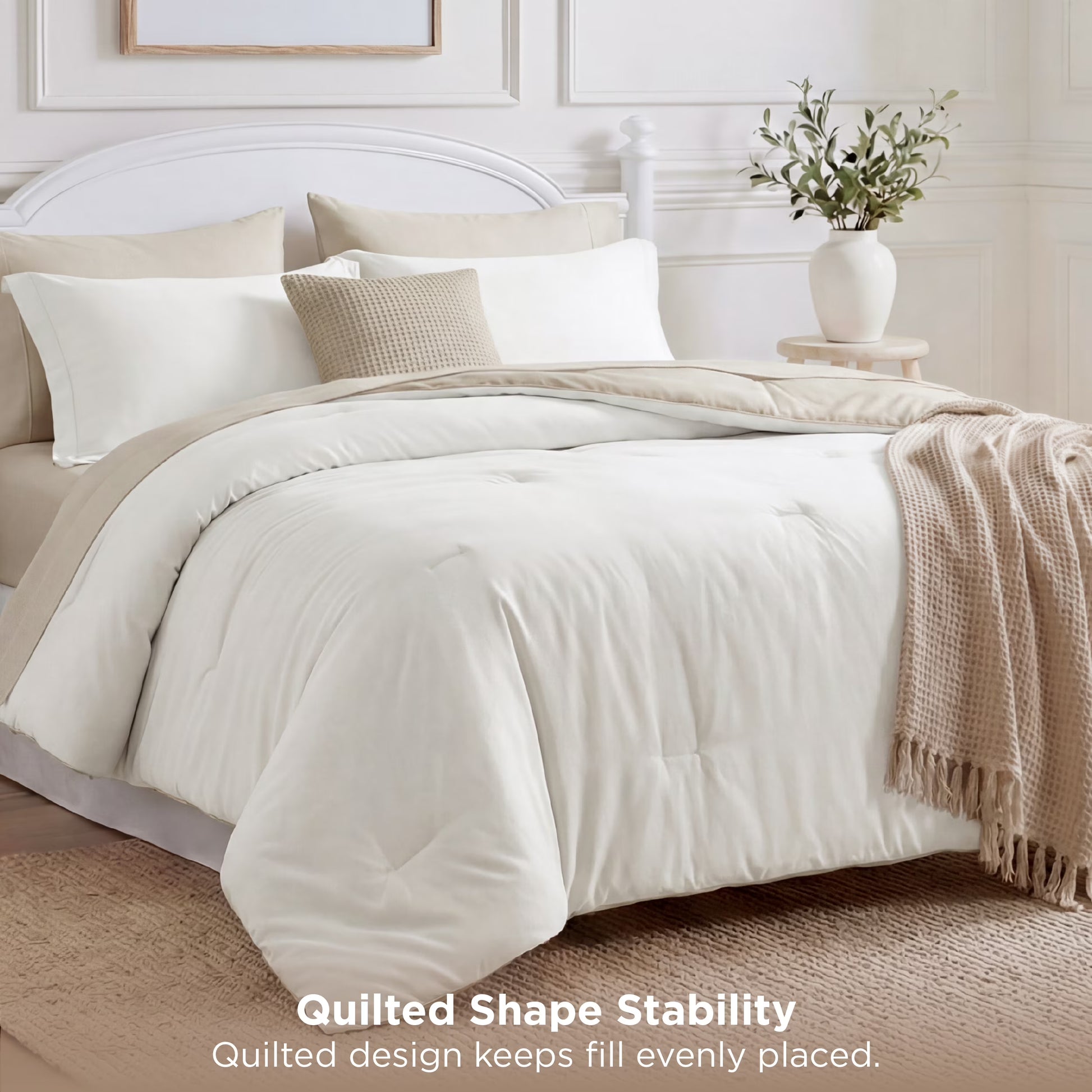 U by Bedsure Twin Comforter Set Coconut Milk, 5 Pieces Reversible Bed in a Bag, Boho Lightweight Dorm Bedding Set, Contrasting Design