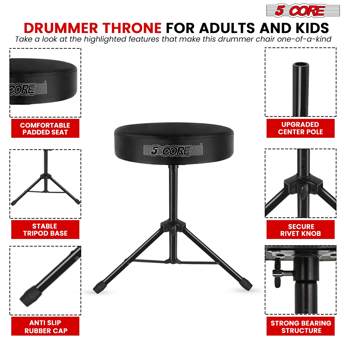 5Core Drum Throne Adjustable Guitar Stool Padded Drummer Seat for Adults & Kids