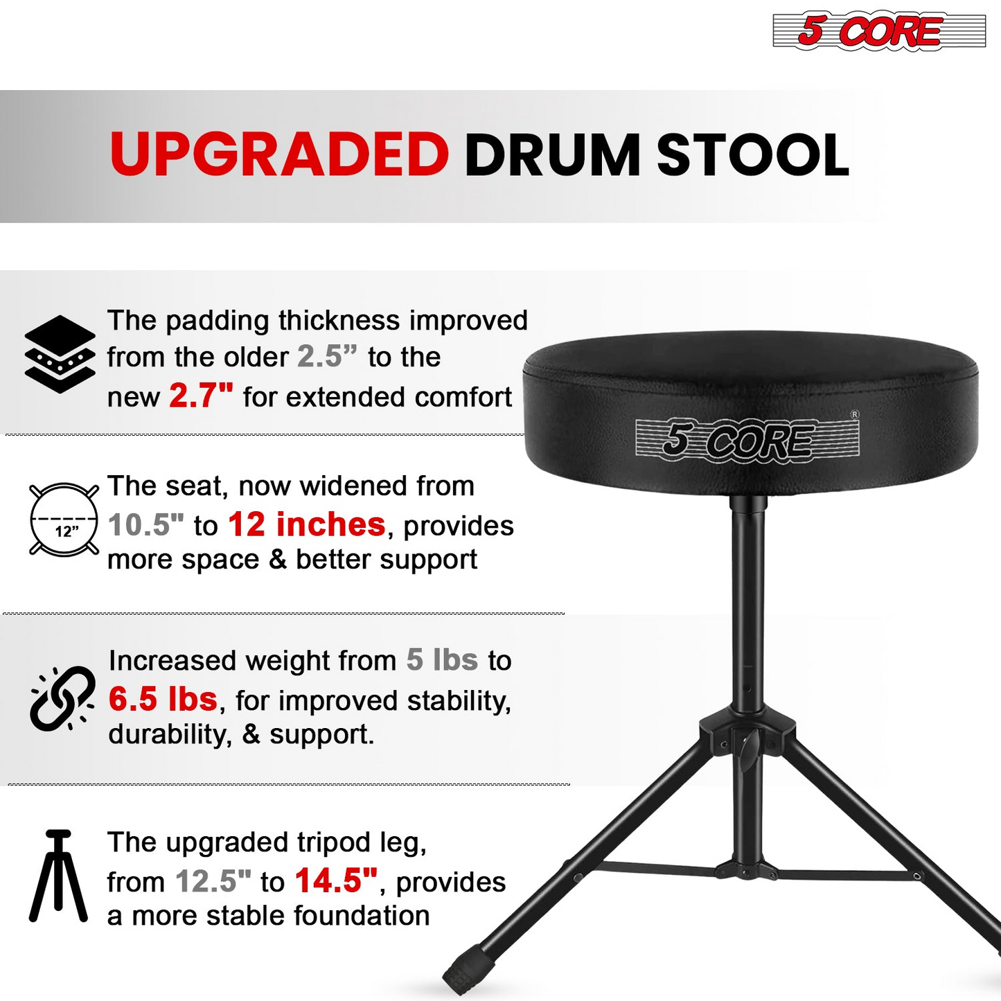 5Core Drum Throne Adjustable Guitar Stool Padded Drummer Seat for Adults & Kids