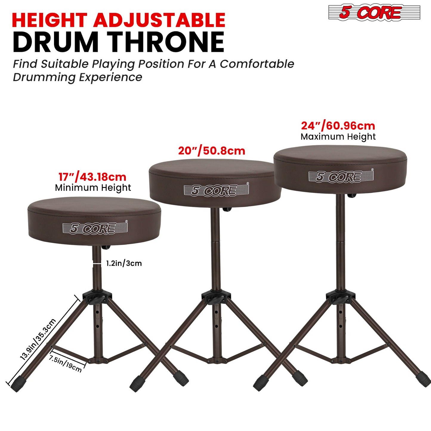 5Core Drum Throne Adjustable Guitar Stool Padded Drummer Seat for Adults & Kids