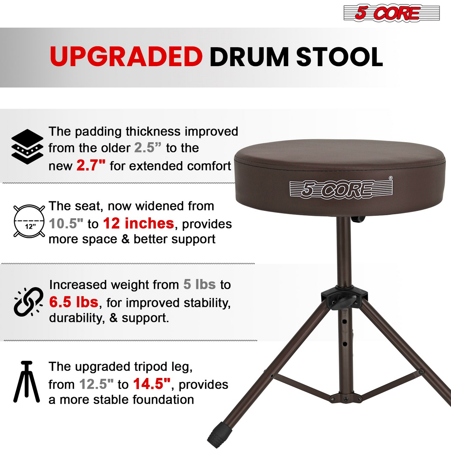 5Core Drum Throne Adjustable Guitar Stool Padded Drummer Seat for Adults & Kids