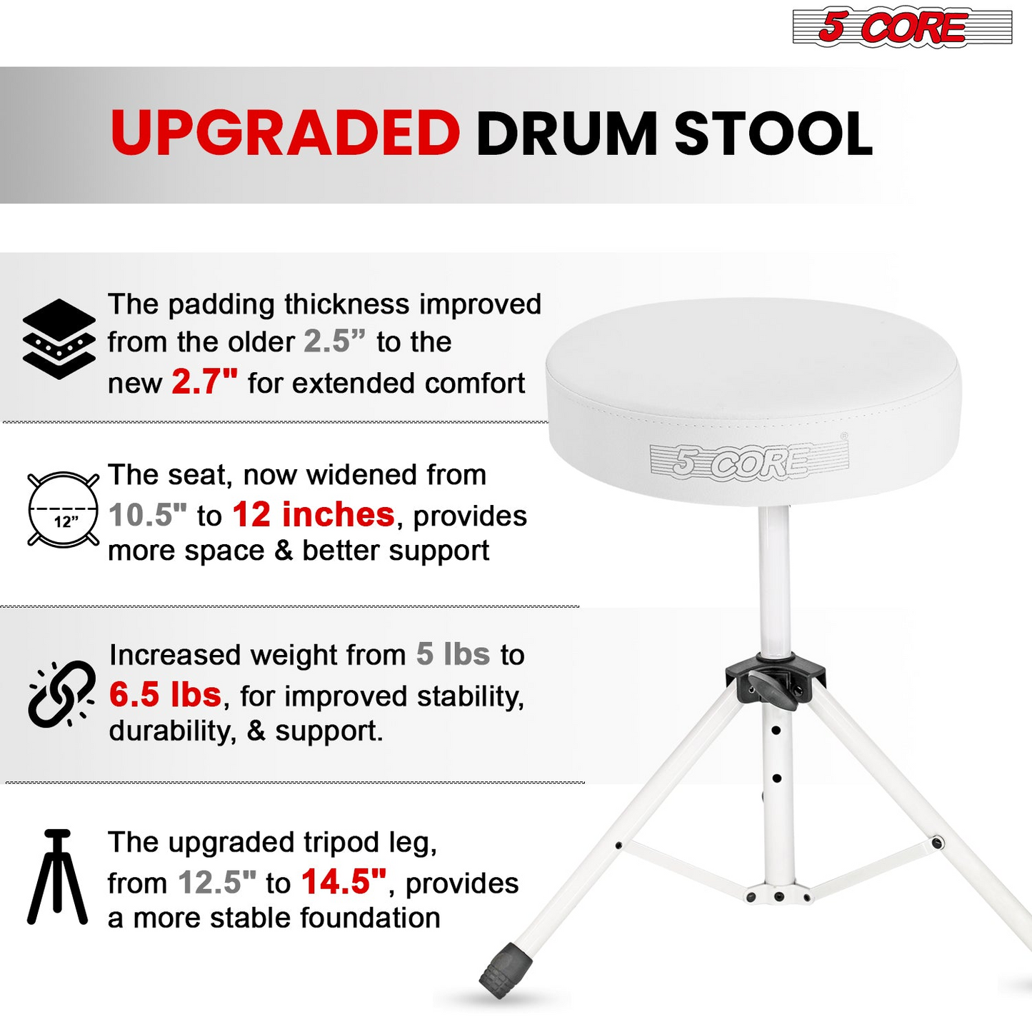 5Core Drum Throne Adjustable Guitar Stool Padded Drummer Seat for Adults & Kids