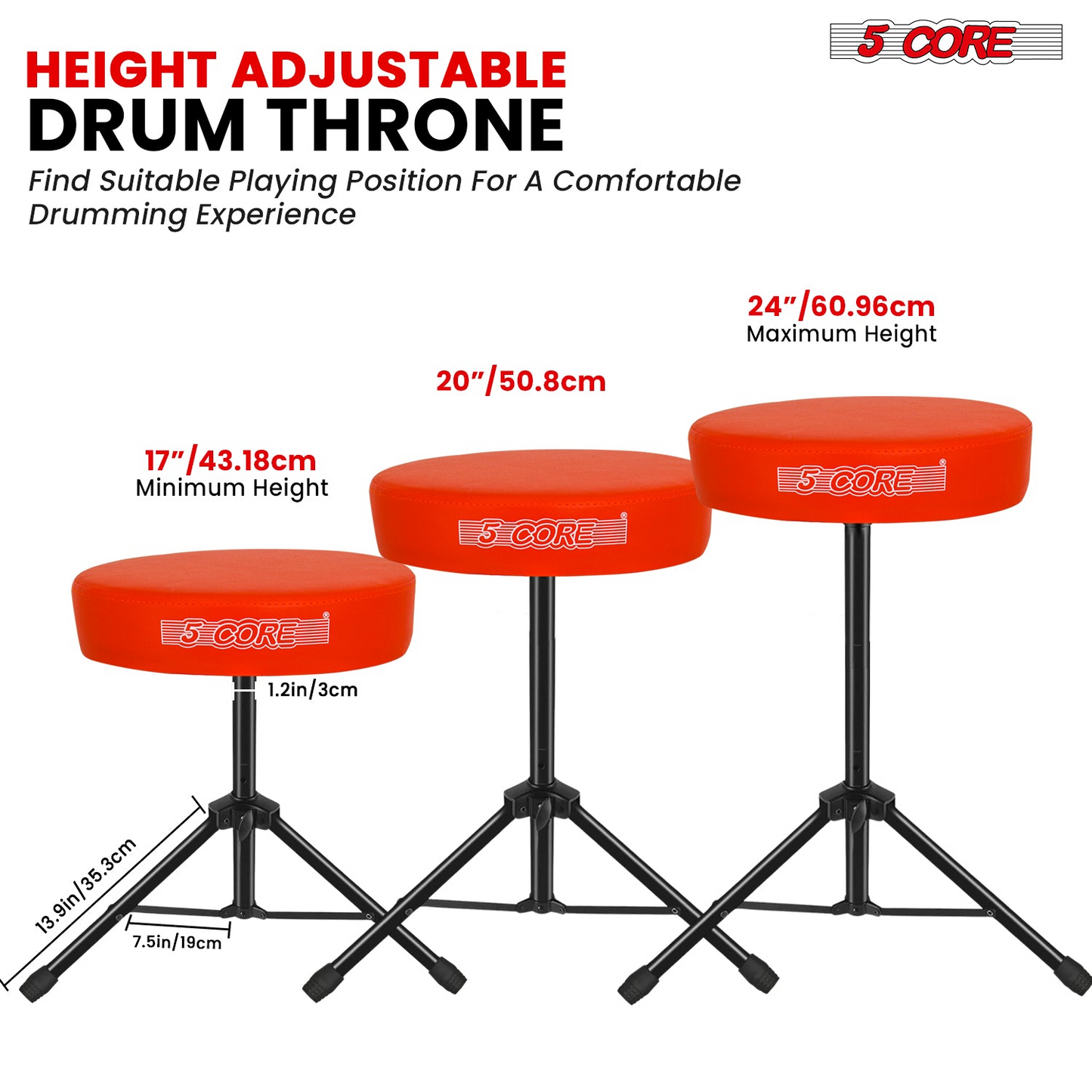 5Core Drum Throne Adjustable Guitar Stool Padded Drummer Seat for Adults & Kids