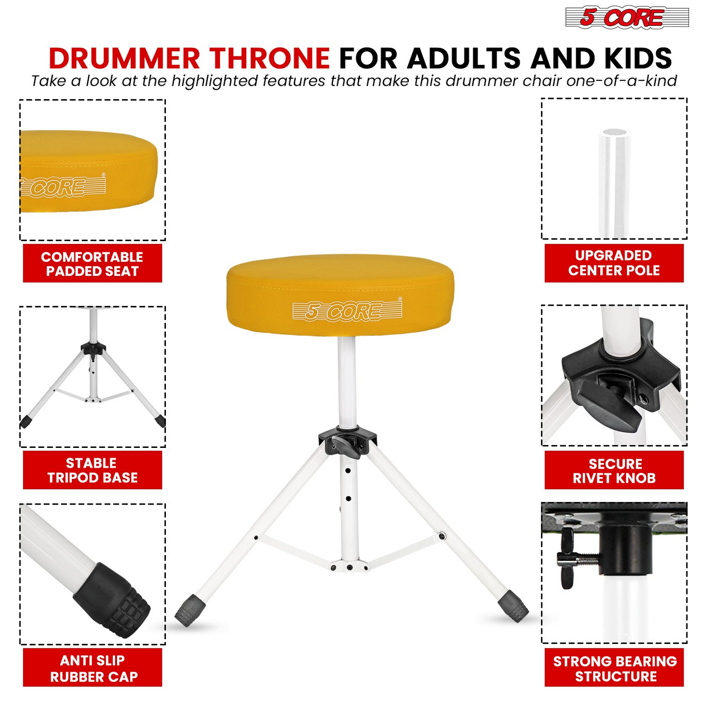 5Core Drum Throne Adjustable Guitar Stool Padded Drummer Seat for Adults & Kids