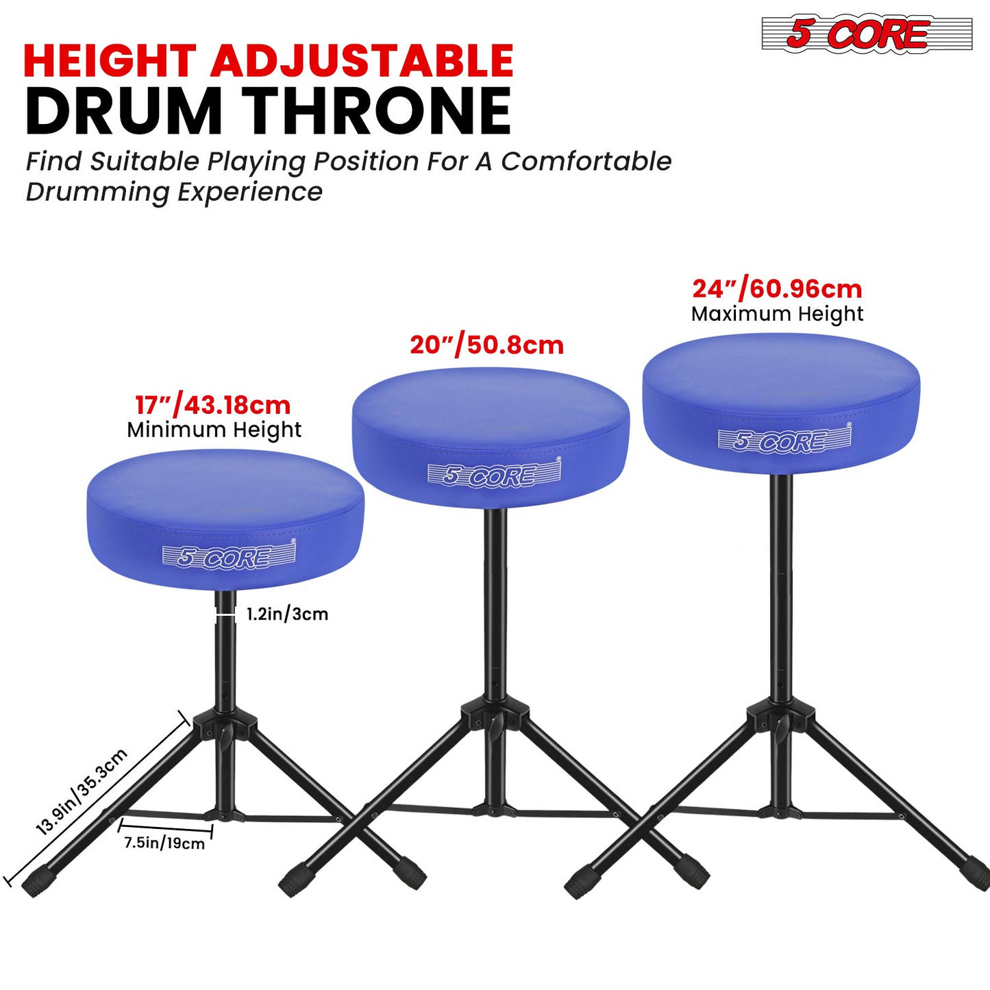 5Core Drum Throne Adjustable Guitar Stool Padded Drummer Seat for Adults & Kids