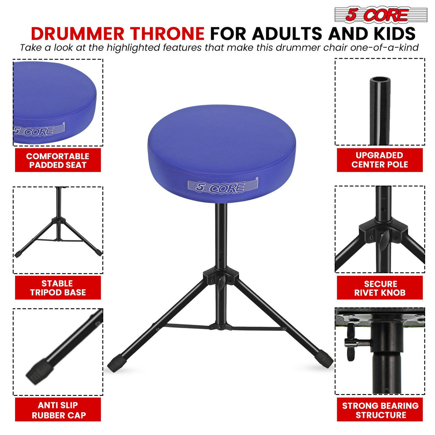 5Core Drum Throne Adjustable Guitar Stool Padded Drummer Seat for Adults & Kids