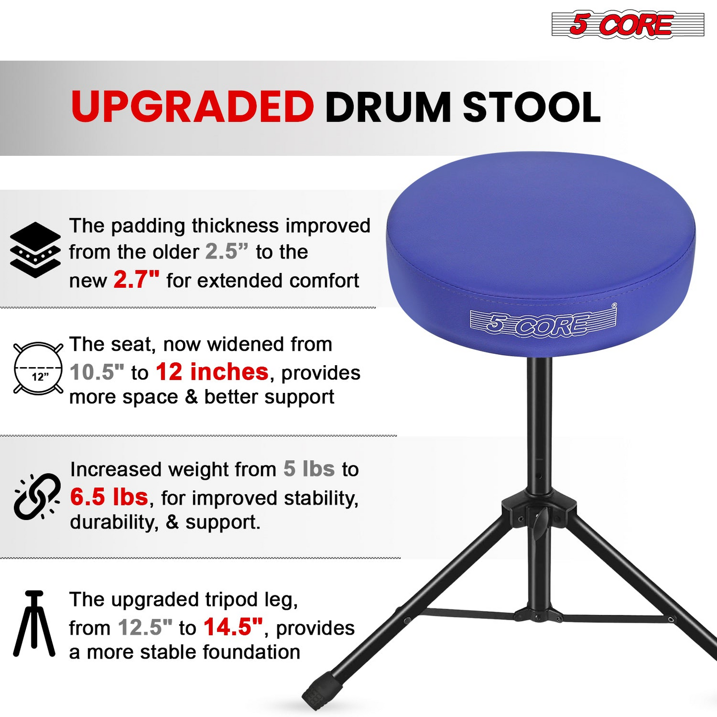 5Core Drum Throne Adjustable Guitar Stool Padded Drummer Seat for Adults & Kids