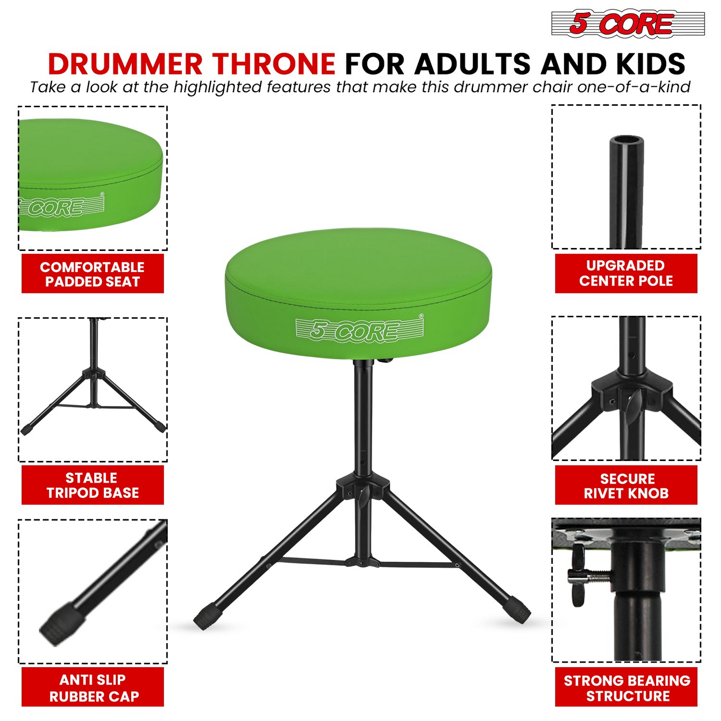 5Core Drum Throne Adjustable Guitar Stool Padded Drummer Seat for Adults & Kids