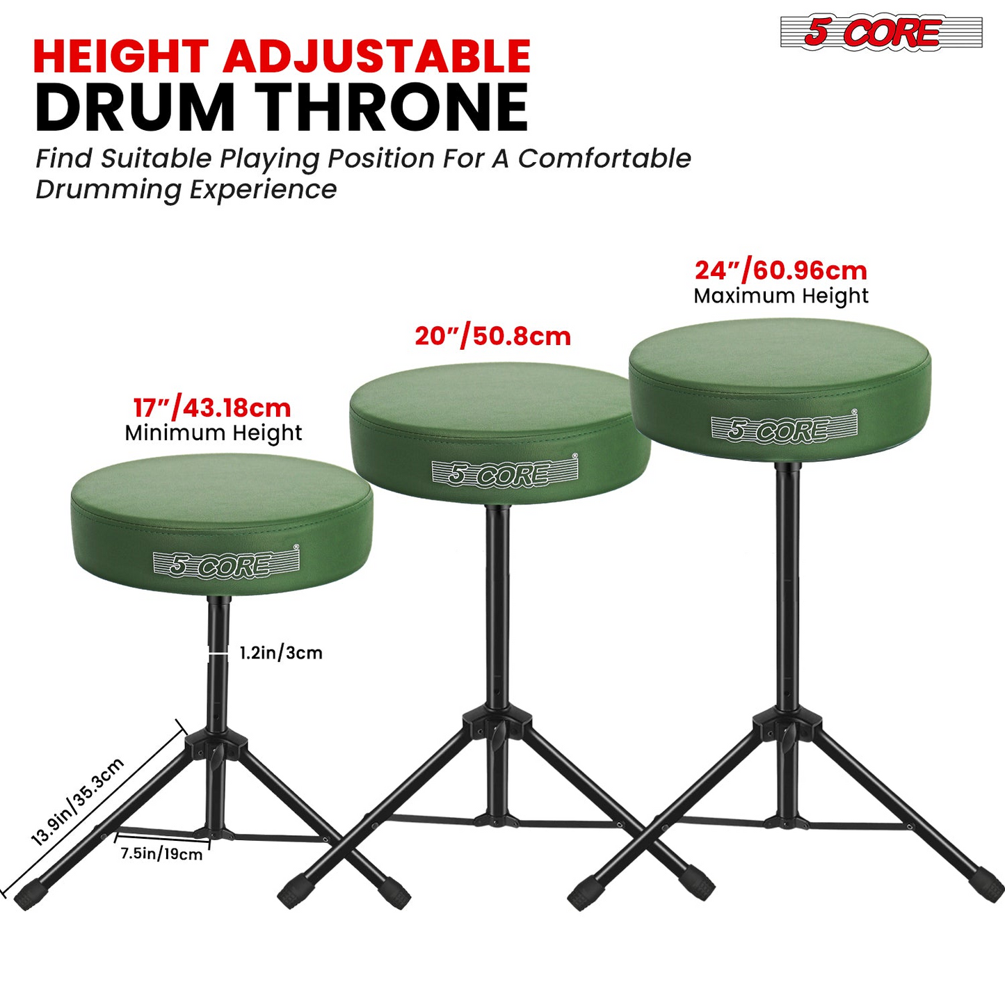 5Core Drum Throne Adjustable Guitar Stool Padded Drummer Seat for Adults & Kids