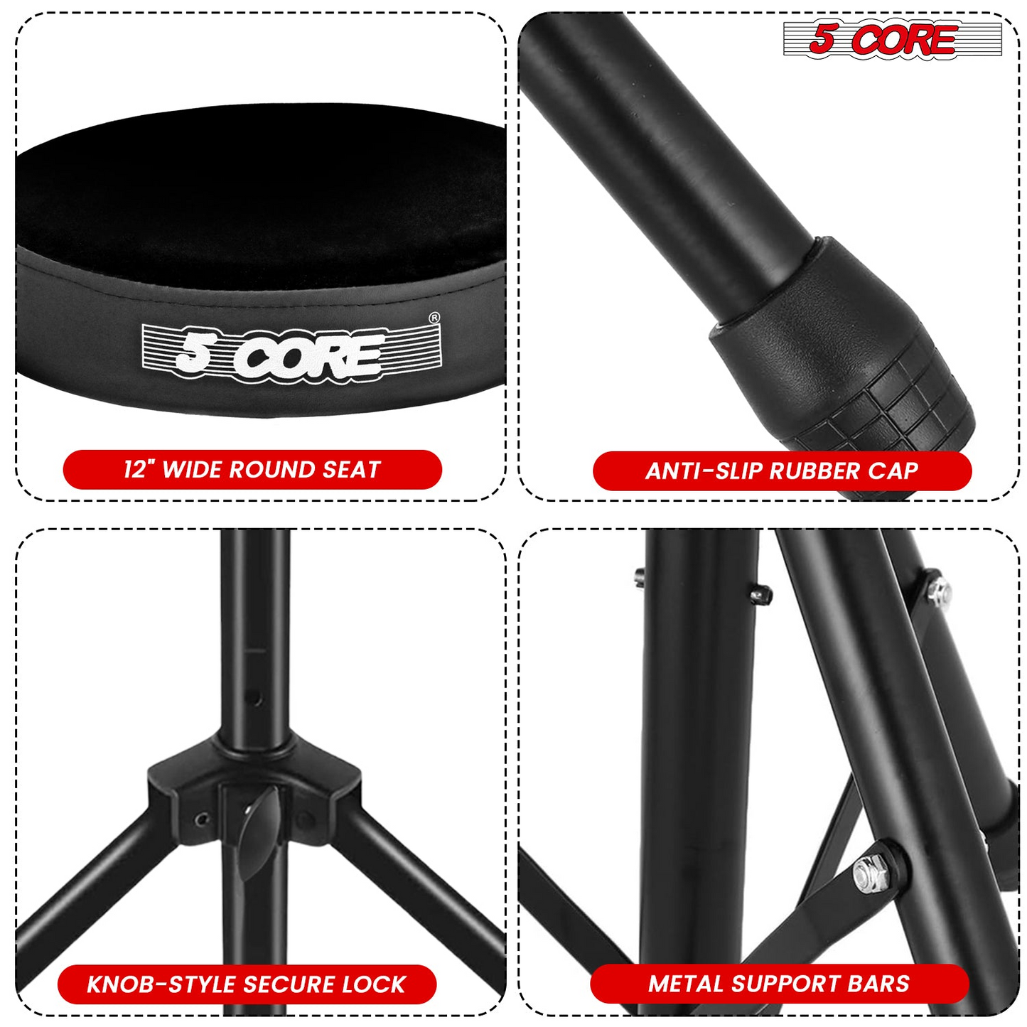 5Core Drum Throne Adjustable Guitar Stool Padded Drummer Seat for Adults & Kids