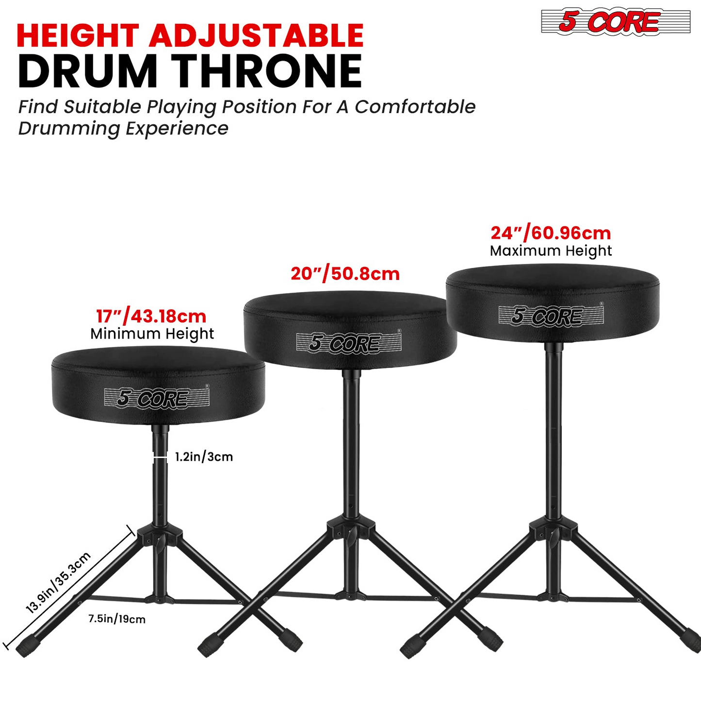 5Core Drum Throne Adjustable Guitar Stool Padded Drummer Seat for Adults & Kids