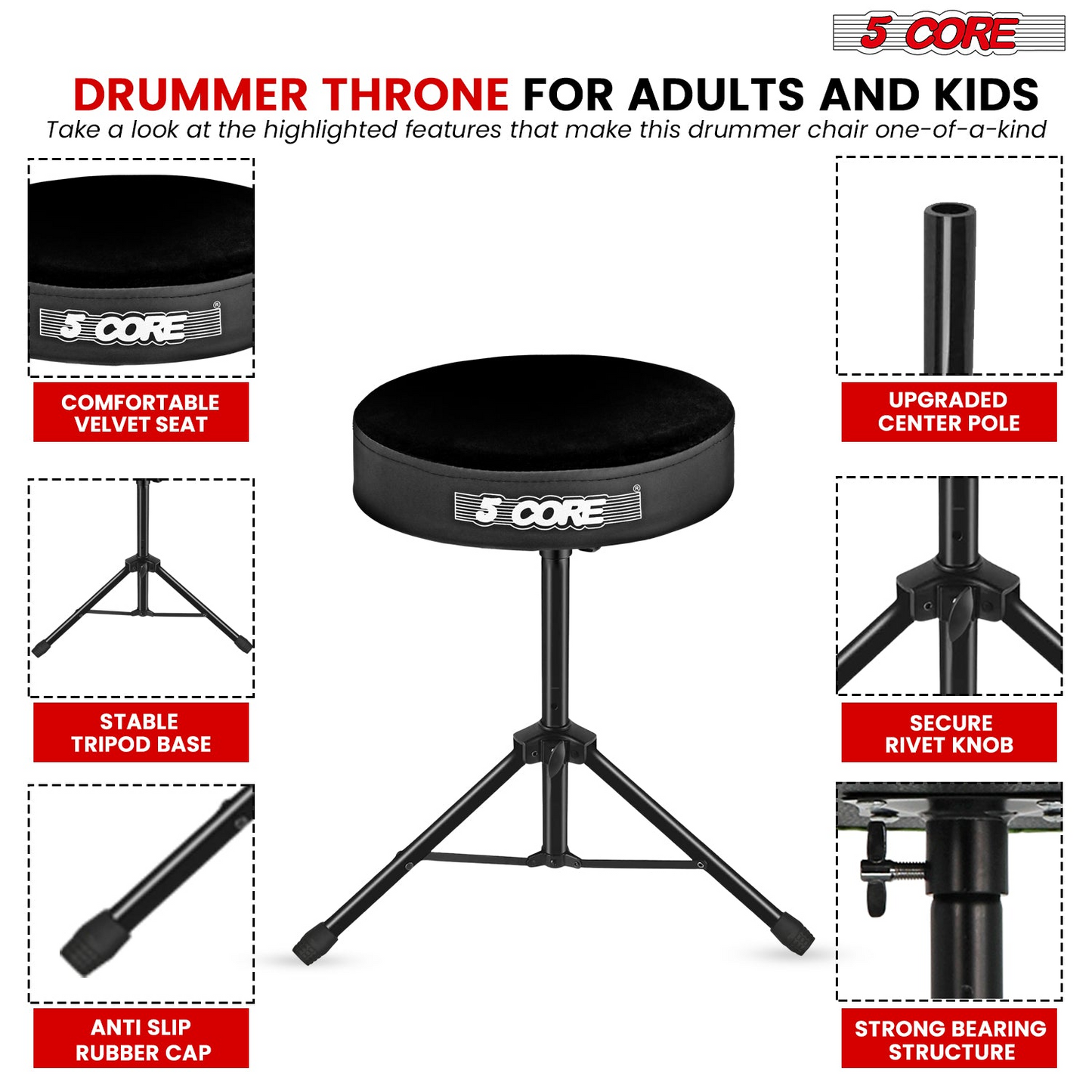 5Core Drum Throne Adjustable Guitar Stool Padded Drummer Seat for Adults & Kids