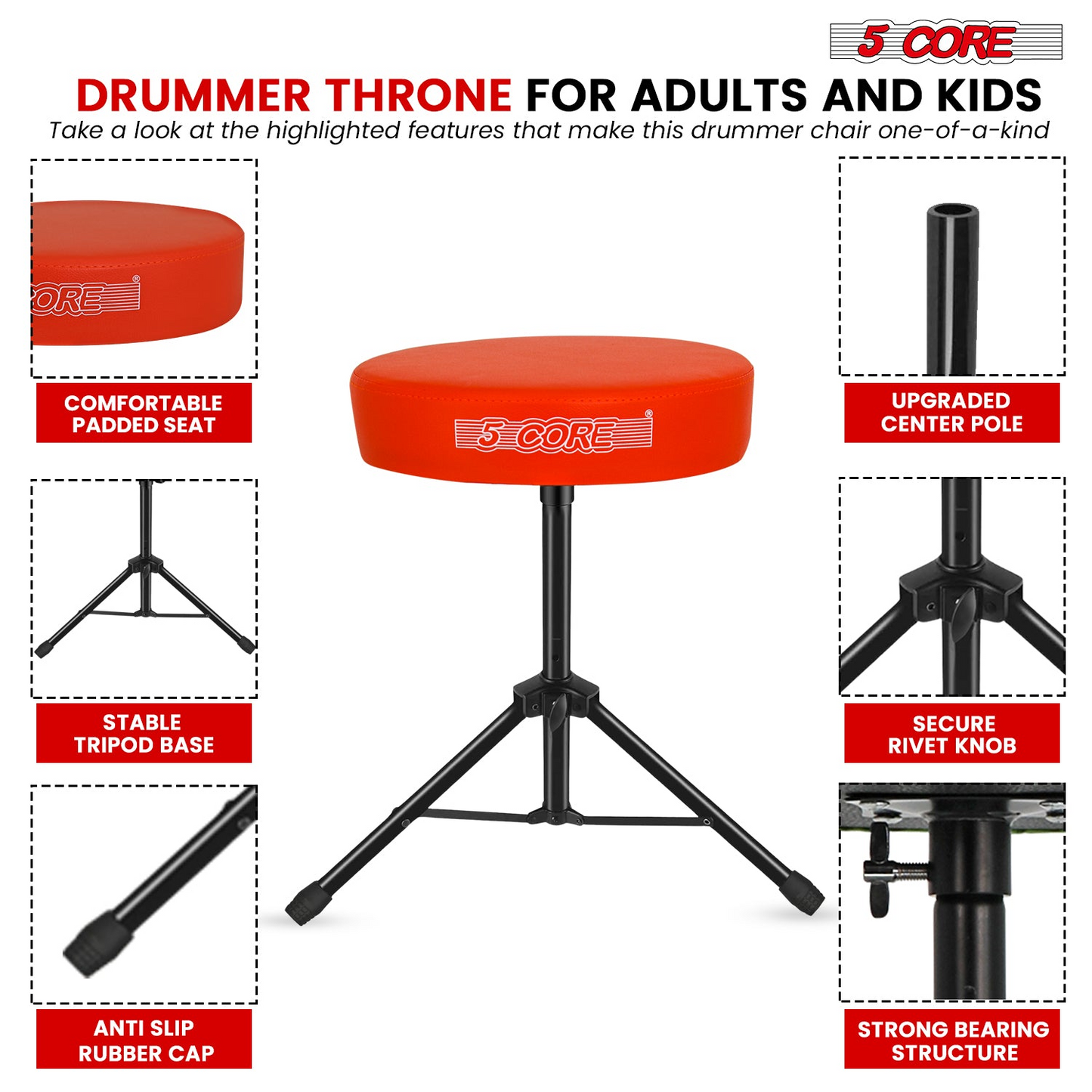 5Core Drum Throne Adjustable Guitar Stool Padded Drummer Seat for Adults & Kids