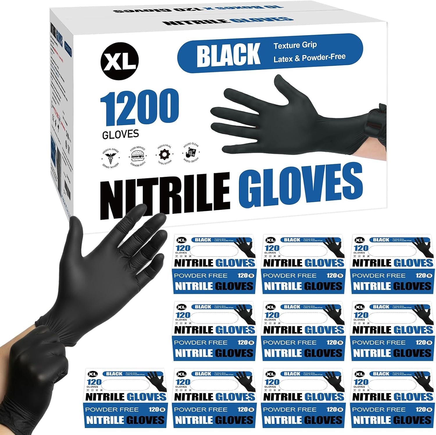 Fixwal 1200Pcs Black Nitrile Disposable Gloves, 4 Mil, Latex Free & Powder Free, Food Grade for Cooking BBQ Food Prep, Cleaning, Automotive, Salon - Bulk Size