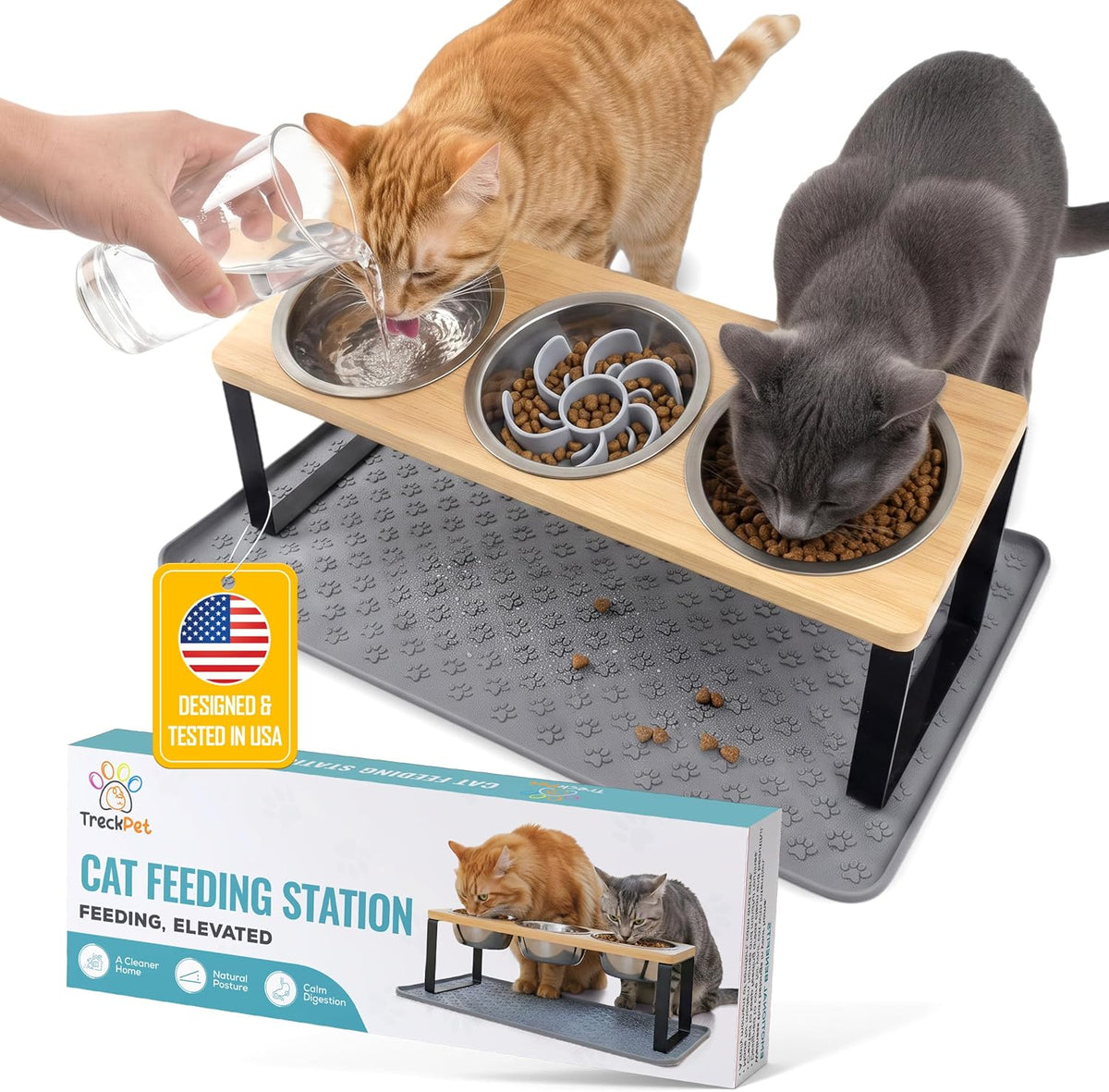 Raised Cat Food Bowls-3 Bowl Elevated Cat Feeding Station with Mat