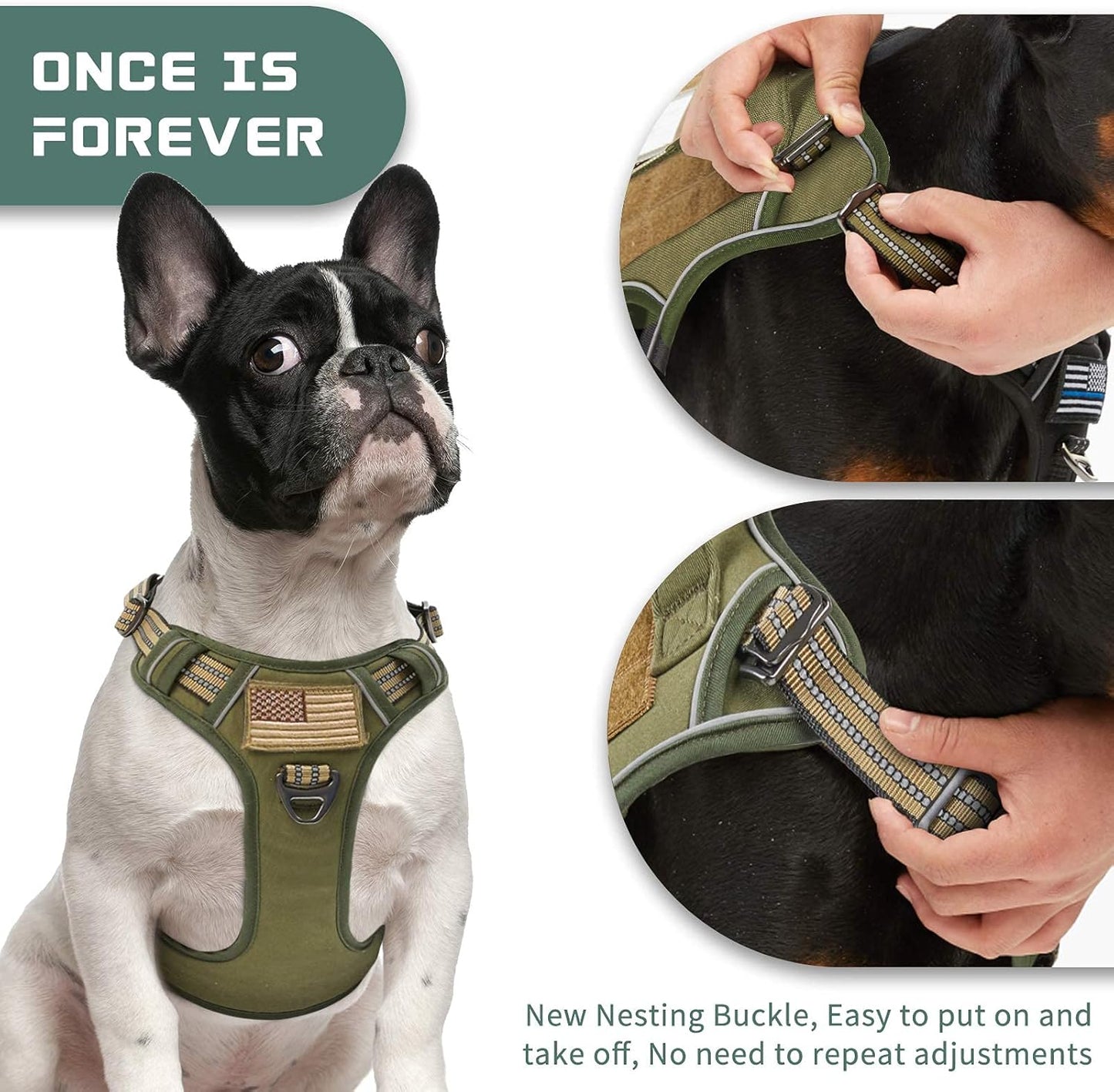 BUMBIN No Pull Tactical Dog Harness for Medium Dogs - Adjustable, Reflective, and Comfortable Vest for Training and Outdoor Adventures in Green