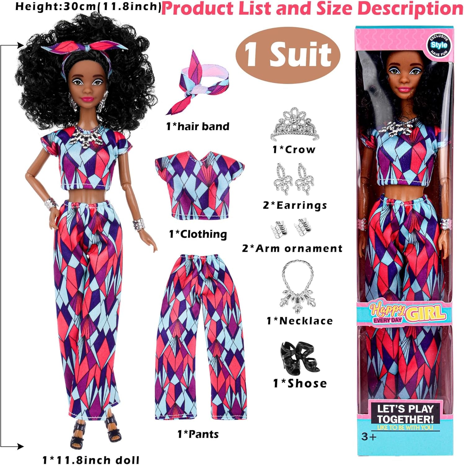 Dollbie 6 Pack African American Fashion Dolls Set with Mix & Match Outfits – 11.5" Posable Black Dolls & 5 Accessories Each (Crown, Necklace, Headscarf & More) + Pink Gift Case