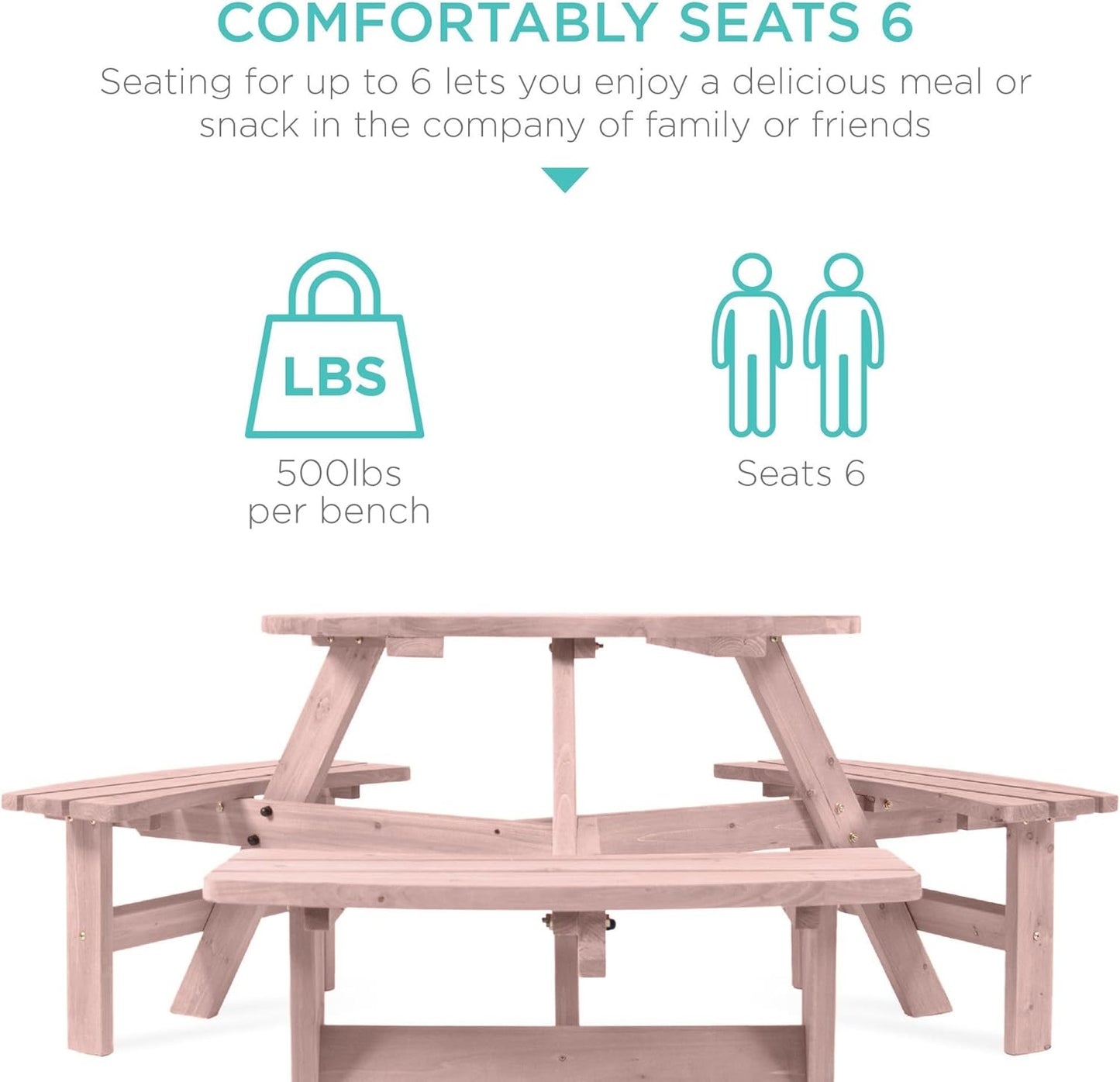 Best Choice Products 6-Person Circular Outdoor Wooden Picnic Table for Patio, Backyard, Garden, DIY W/ 3 Built-In Benches, 500Lb Capacity - Rose Quartz