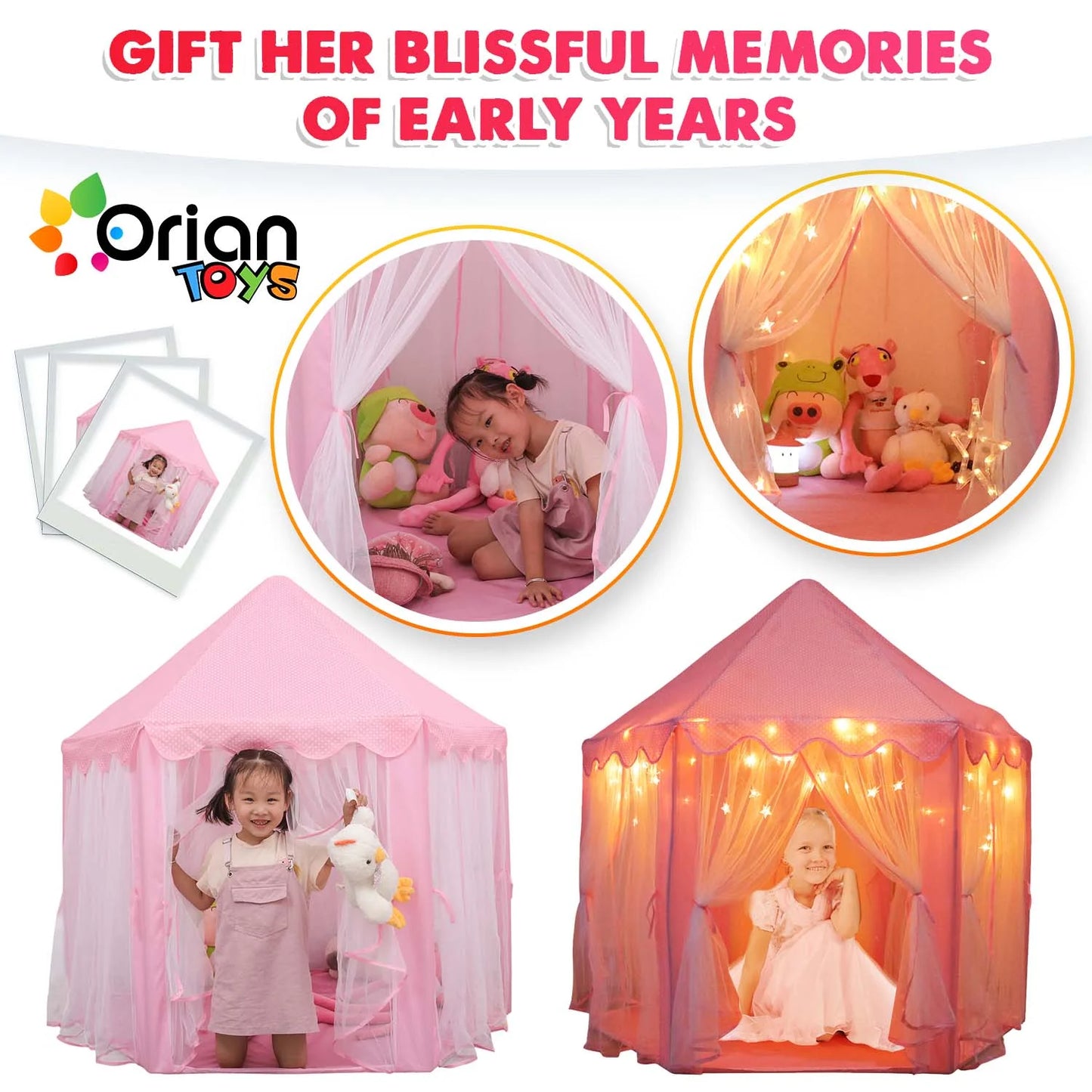 Princess Castle Playhouse Tent for Girls with LED Star Lights – Indoor & Outdoor Large Kids Play Tent for Imaginative Games – Princess Tent, 230 Polyester Taffeta. Pink 55"X53".