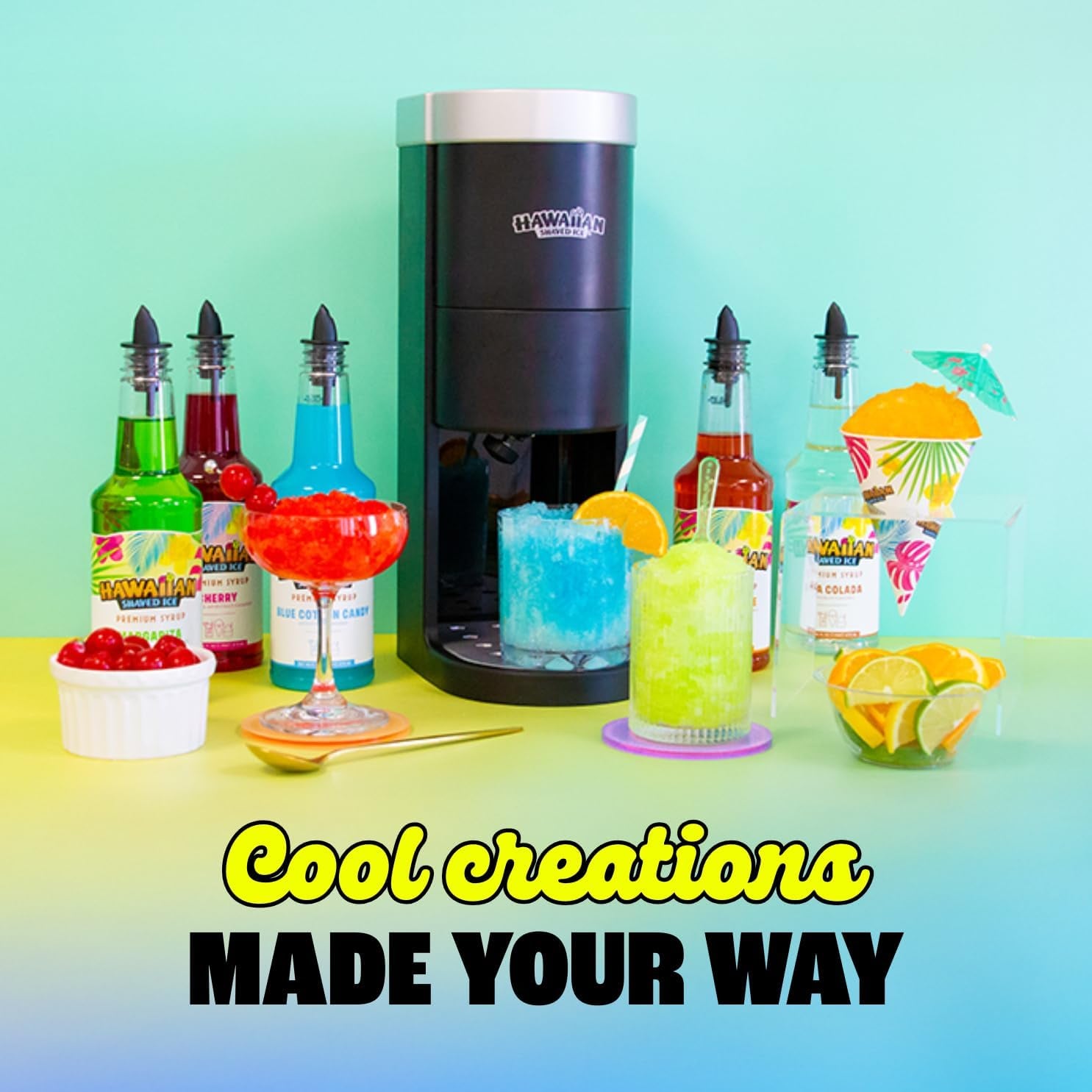 Hawaiian Shaved Ice Homepro Shaved Ice Machine Kit, 3-16Oz. Syrup Flavors Cherry, Grape, Blue Raspberry, 50 Spoon Straws, 3 Black Pour Spouts