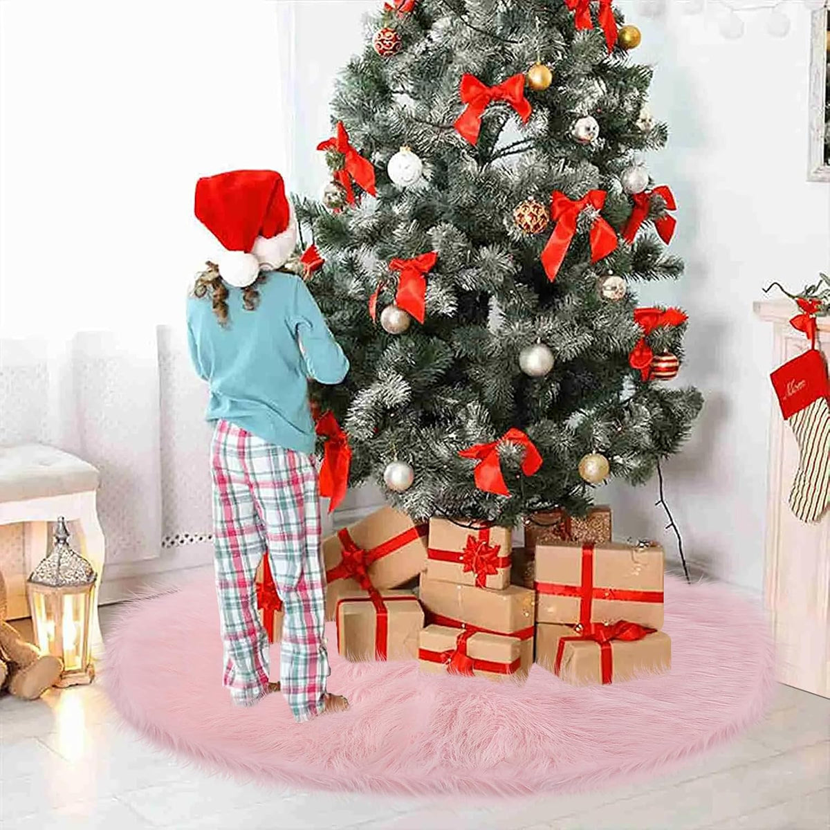 Pink Fur Tree Skirt, 36 Inch Faux Fur Fluffy Christmas Tree Skirt