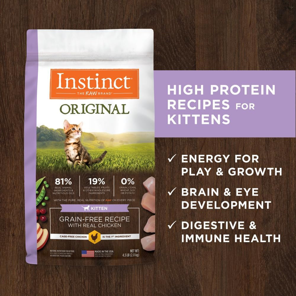 Instinct Original Kitten Dry Cat Food, Raw Coated Kibble, High Protein, Grain Free Recipe - Real Chicken, 4.5 Lb. Bag