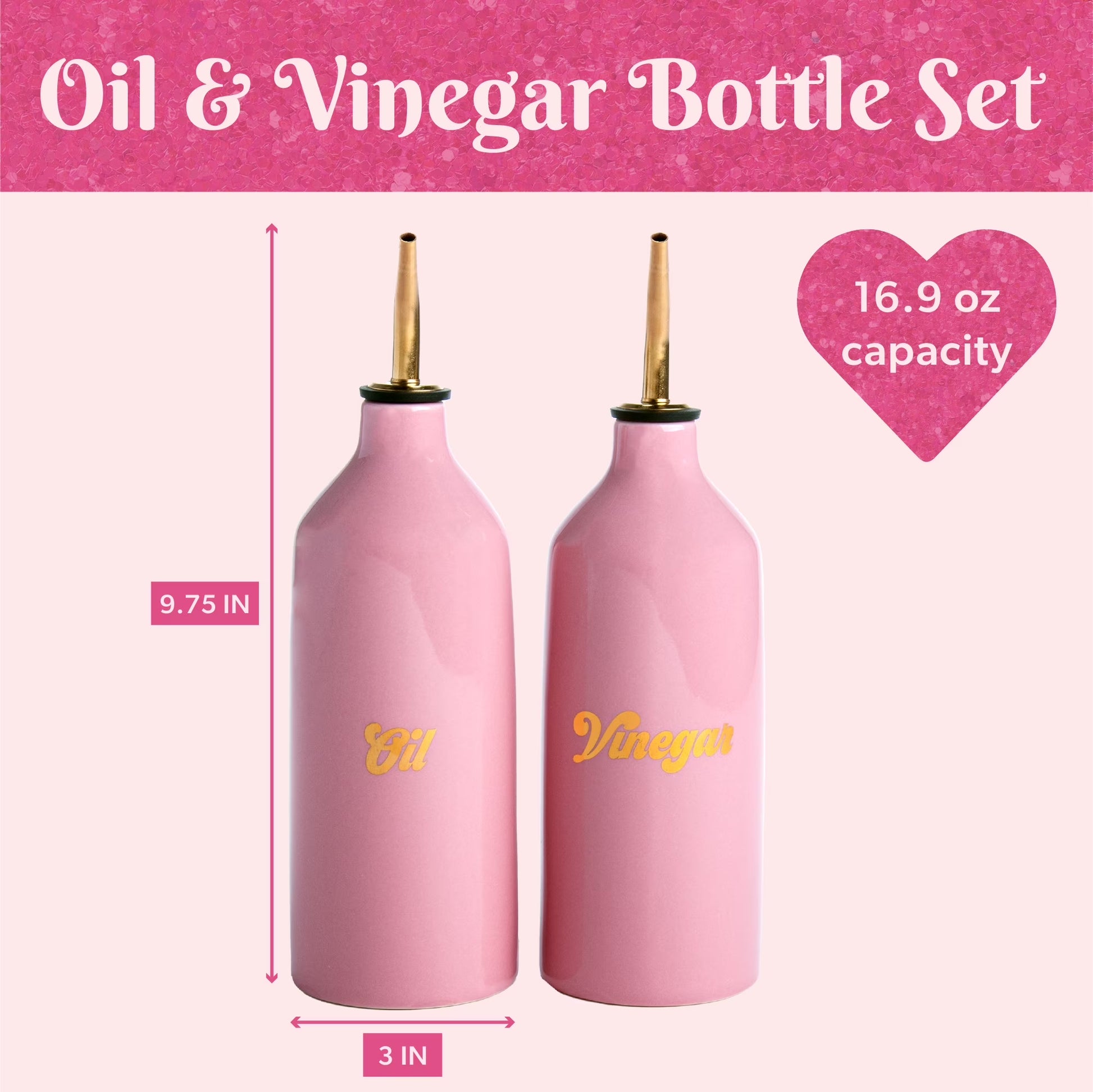 Paris Hilton Ceramic Oil and Vinegar Cruet Set, Drip-Free Spouts, Gold Details, Pink