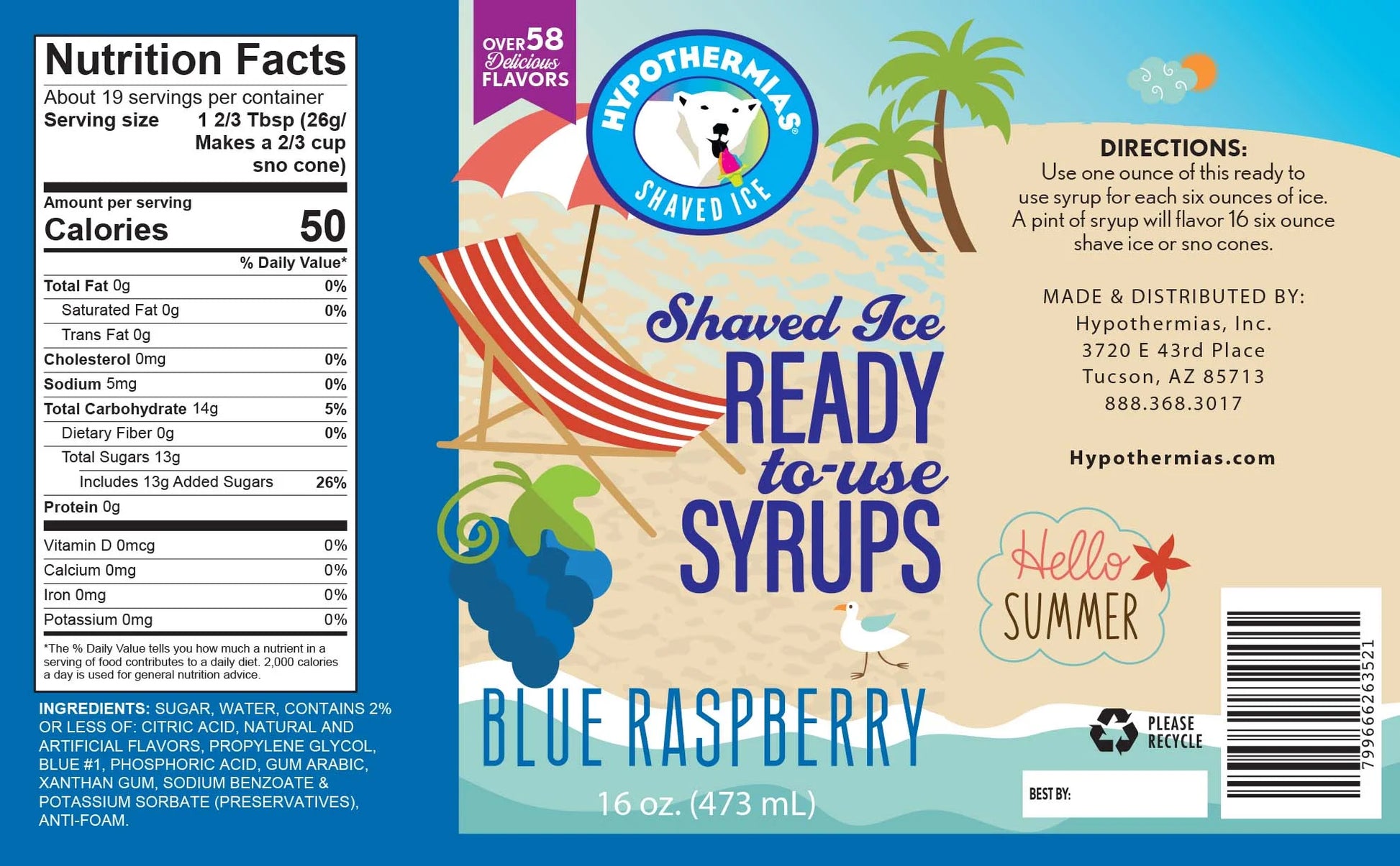 Hypothermias Shaved Ice & Snow Cone Syrup Variety Pack - Blue Raspberry, Tiger'S Blood, Dreamcicle - 100% Pure Cane Sugar in a Gift Box