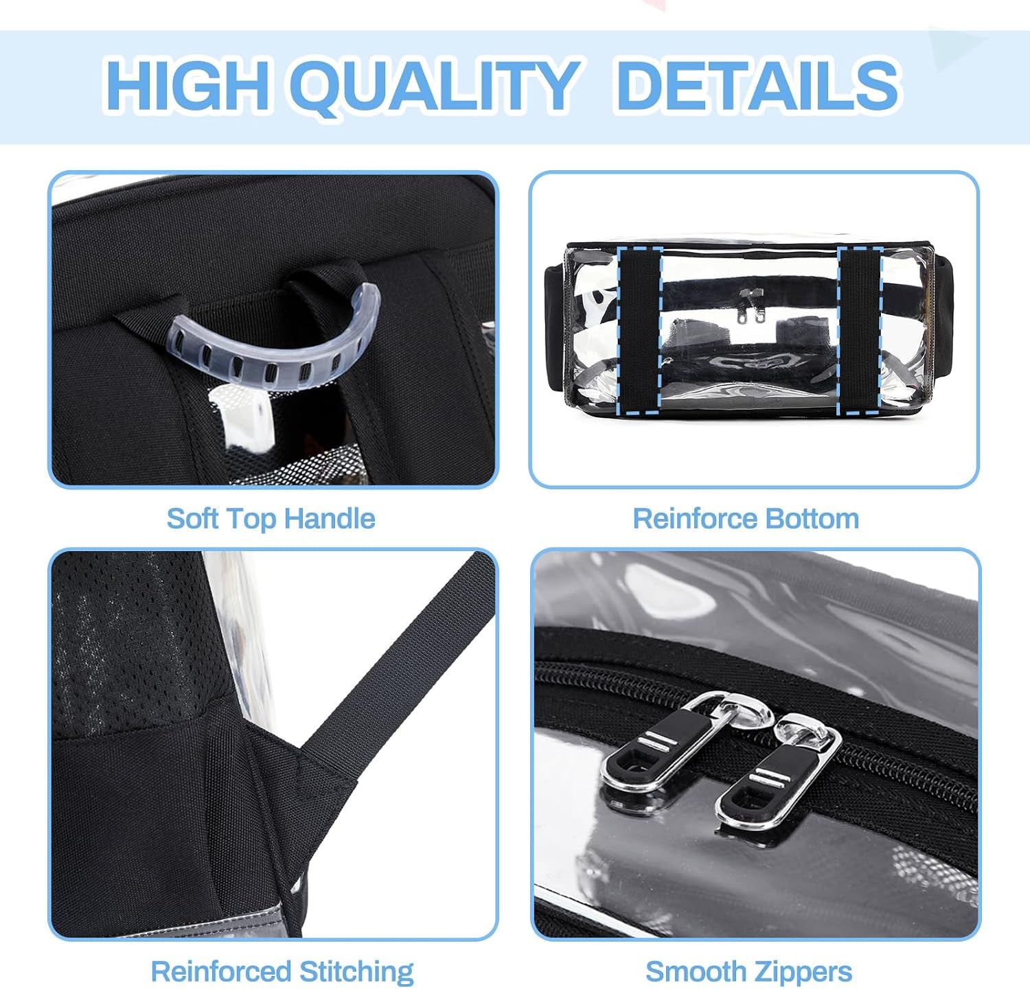 MUSEVOS Clear Backpack Stadium Approved, Heavy Duty See through Book Bag, Black Transparent