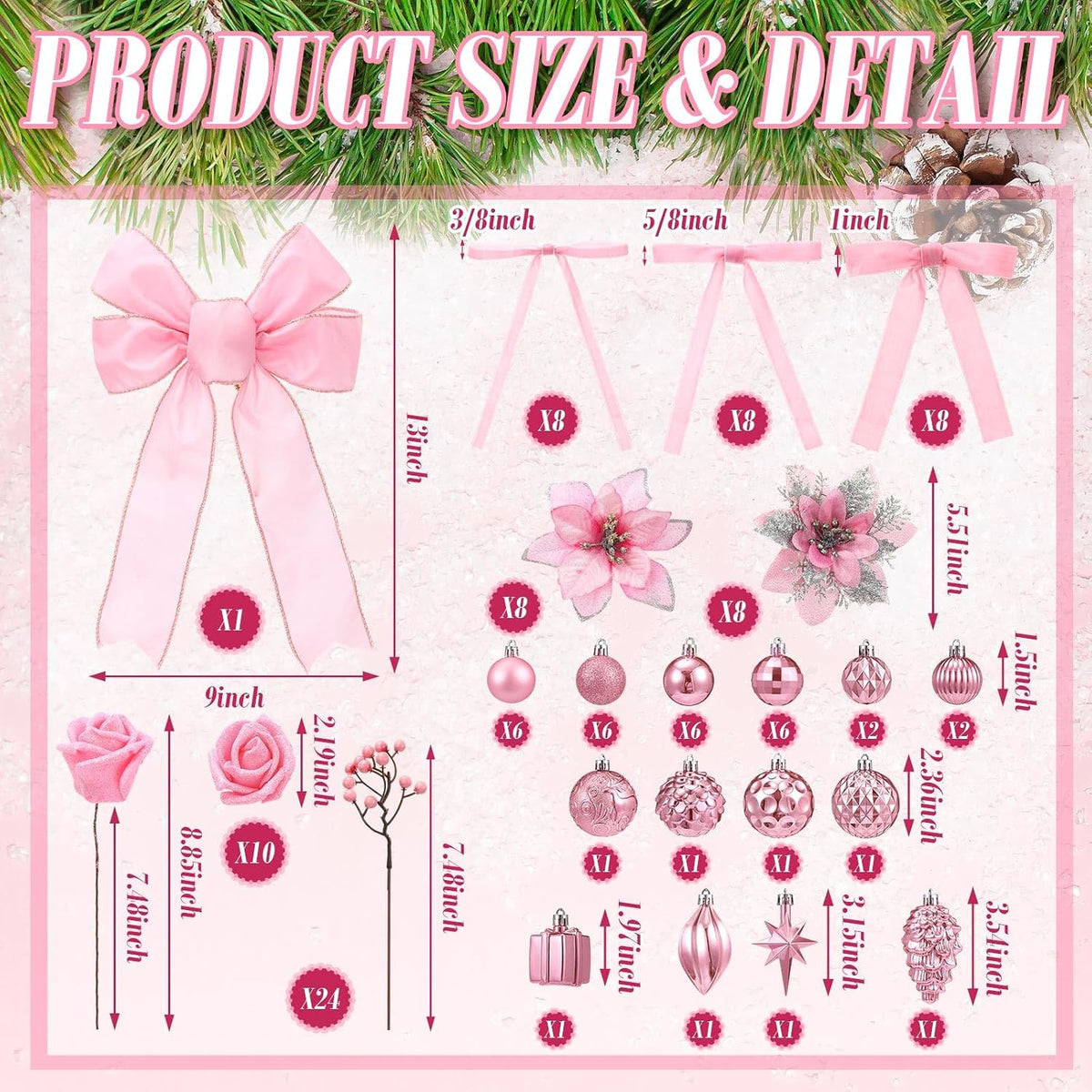 111 Pcs Pink Christmas Ornaments, Bow Topper Ball Poinsettia Rose