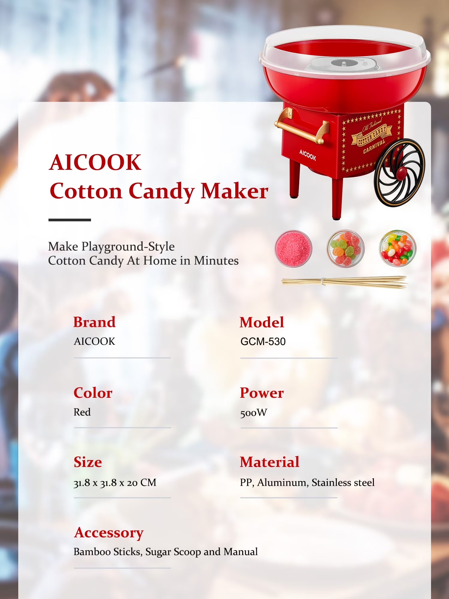 Cotton Candy Machine, Cotton Candy Maker for Kids with Candy Spoon and 10 Candy Sticks, Christmas Red, FOHERE