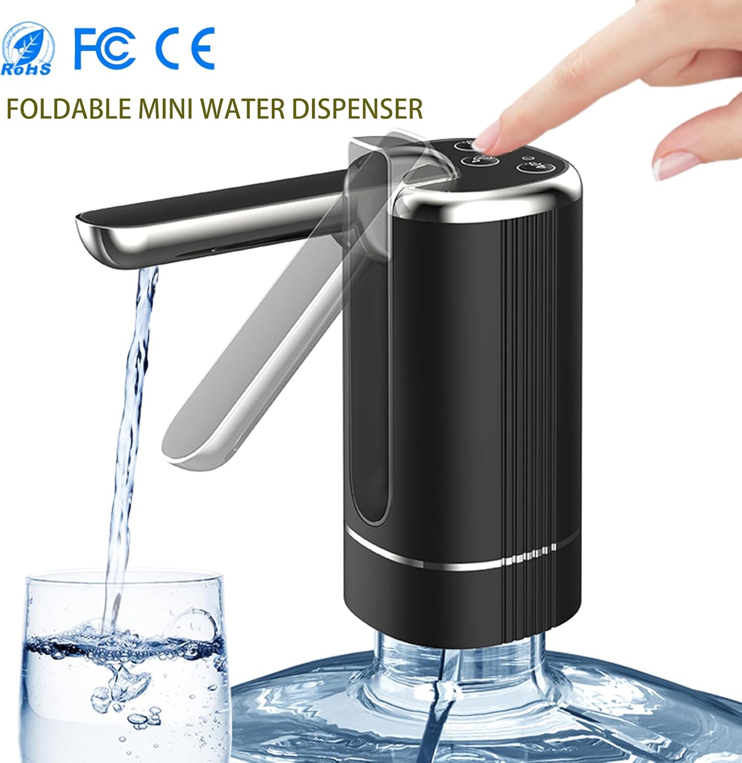 Foldable Water Dispenser with 1200Mah Lithium Battery for 5 Gallon Bottle, Automatic Stable Water Pump, Portable Drinking Water Jug Pump for Kitchen, Home, Office, Camping, Living Room, Beach (Black)