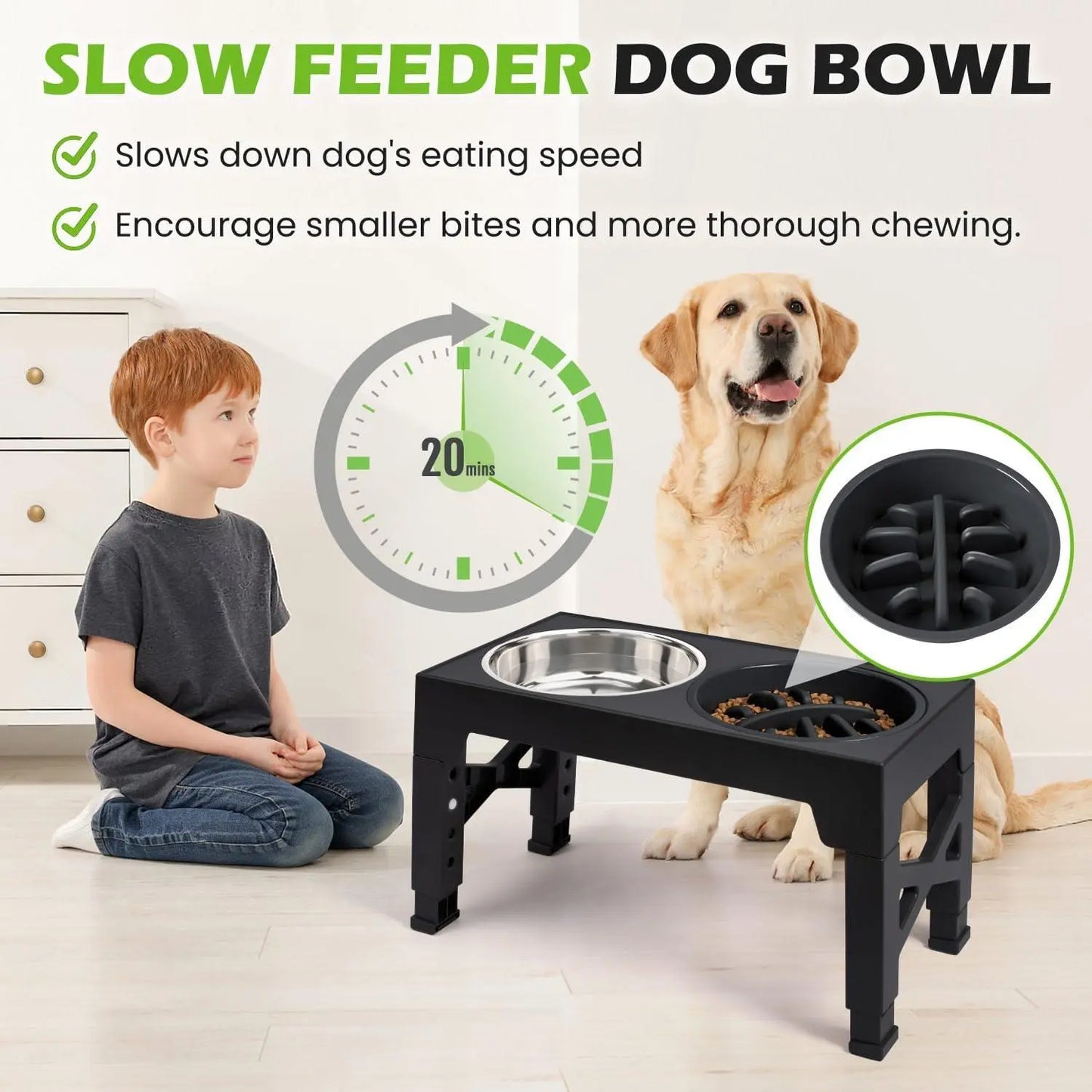 Niubya Elevated Dog Bowls, 5 Adjustable Heights Raised Dog Bowl Stand, with 2 Stainless Steel Dog Food Bowls and 1 Slow Feeder Dog Bowl, Adjusts to Height 3.2" to 12.2" for Small Medium Large Dogs NIUHEE