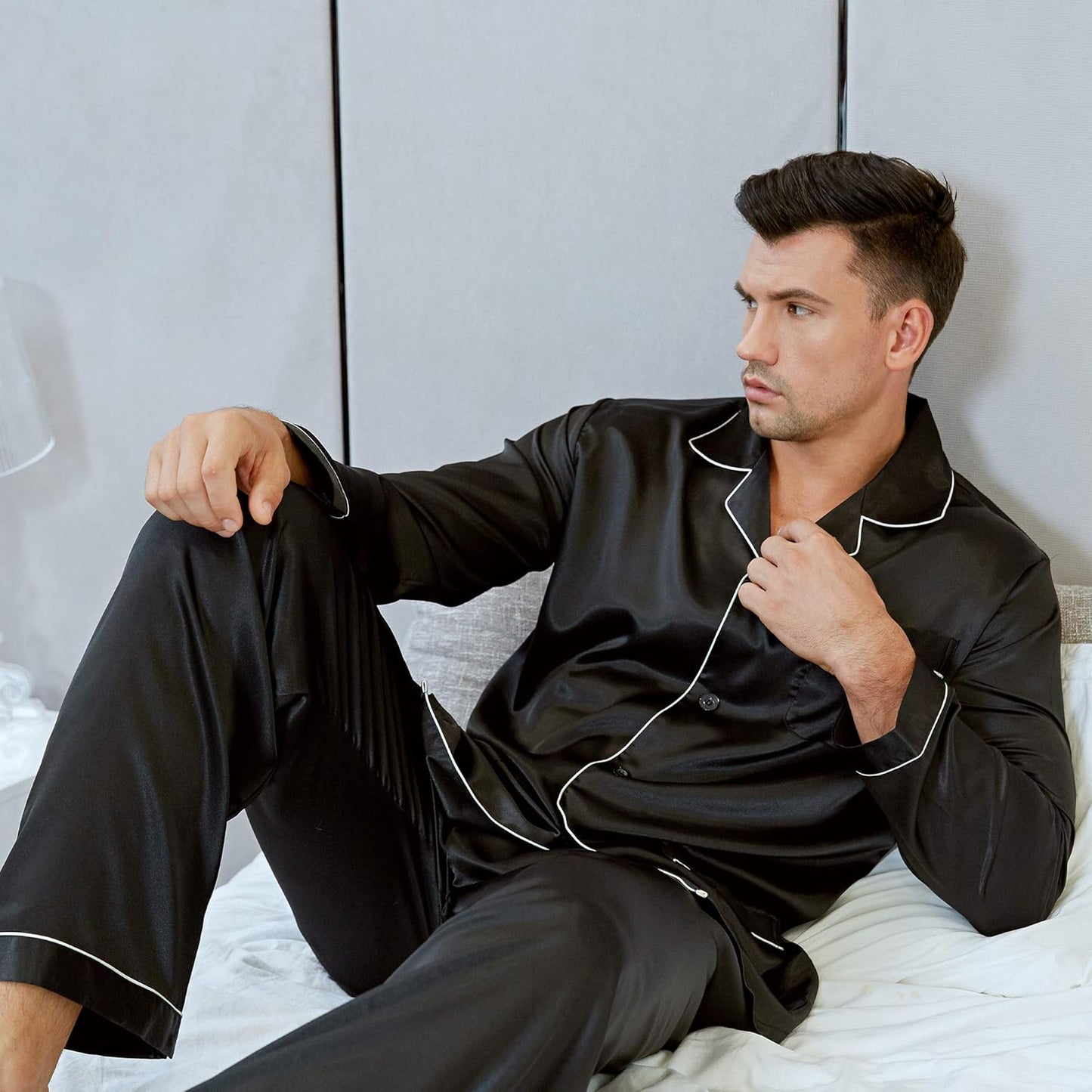 Lonxu Pajamas Set Mens Silk Satin Pajamas Long Sleeve Loungewear Two-Piece Sleepwear Button-Down Pj Set S-XXXXL