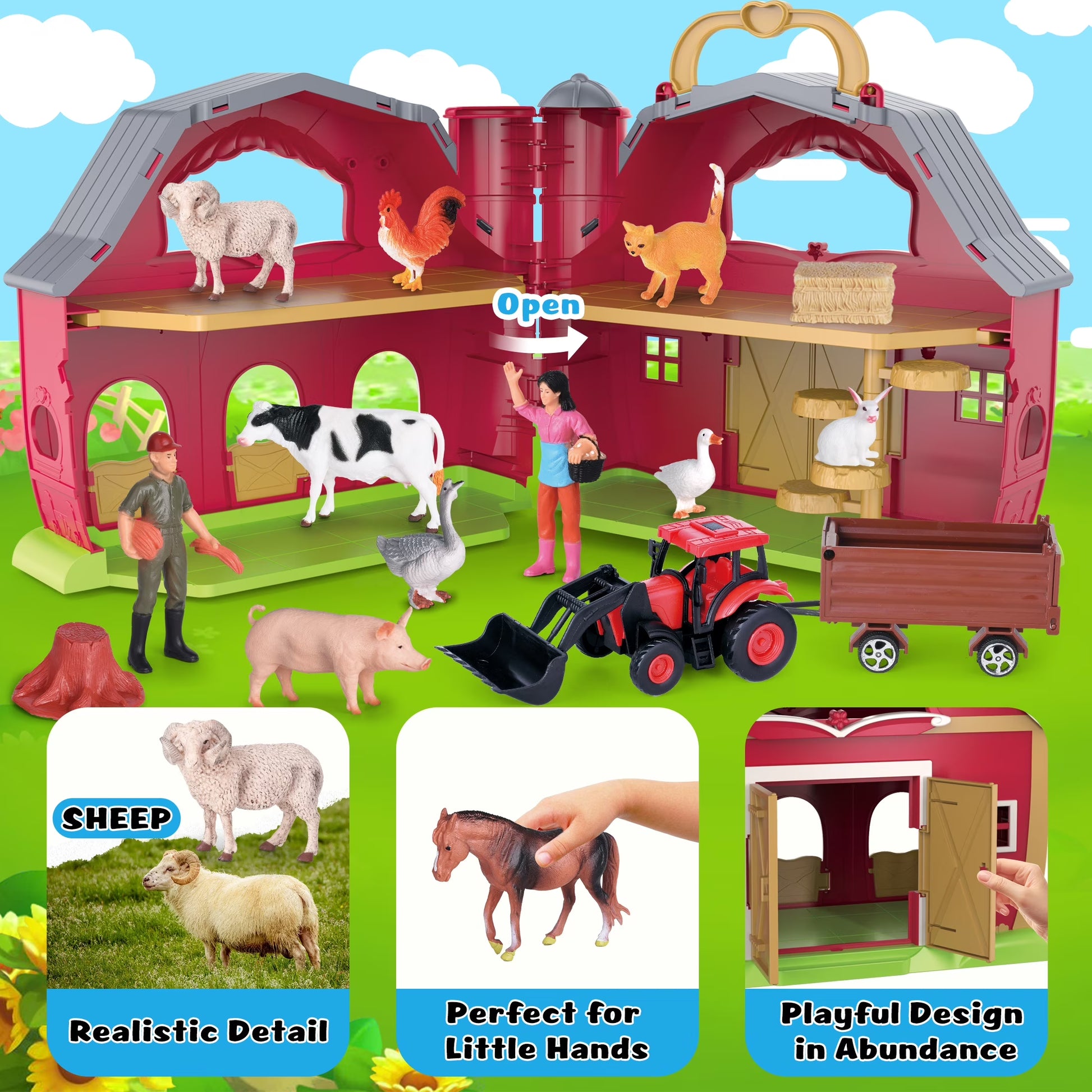 QIAHO Farm Animal Toys Take along Barn Playset for Toddlers with 10 Realistic Animal Figurines, Pretend Play Educational Gift