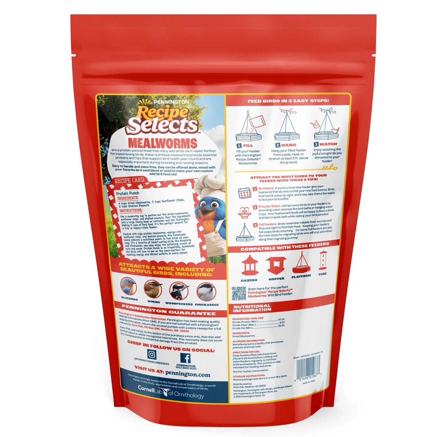 (4 Pack) Pennington Recipe Selects Dried Mealworms for Birds, Bluebird and Wild Bird Food for outside Feeder, 17.6 Oz Bag, 1 Pack